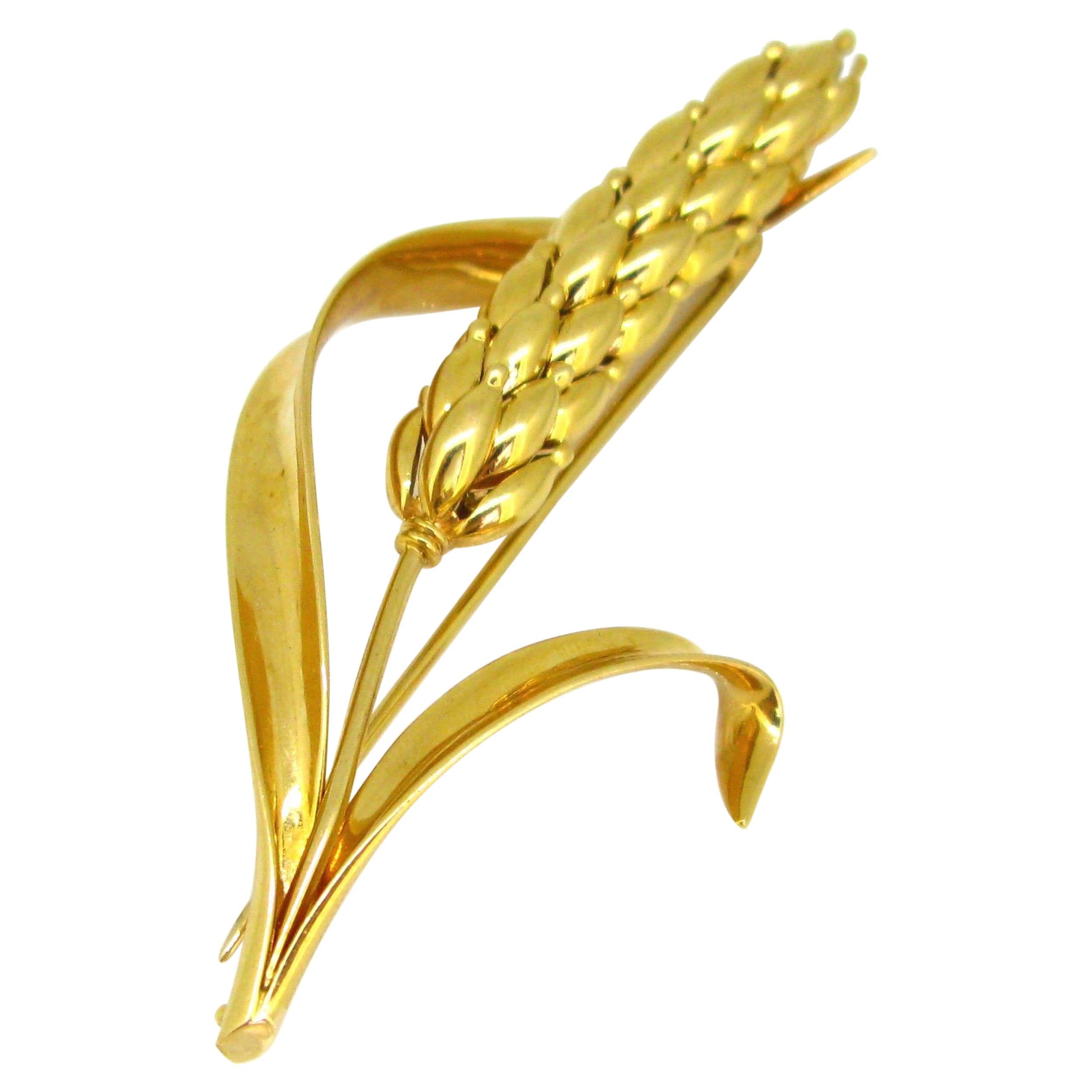 Retro Sheaf of Wheat Pin Brooch by Bettetini, 18kt Yellow Gold, France, circa 19