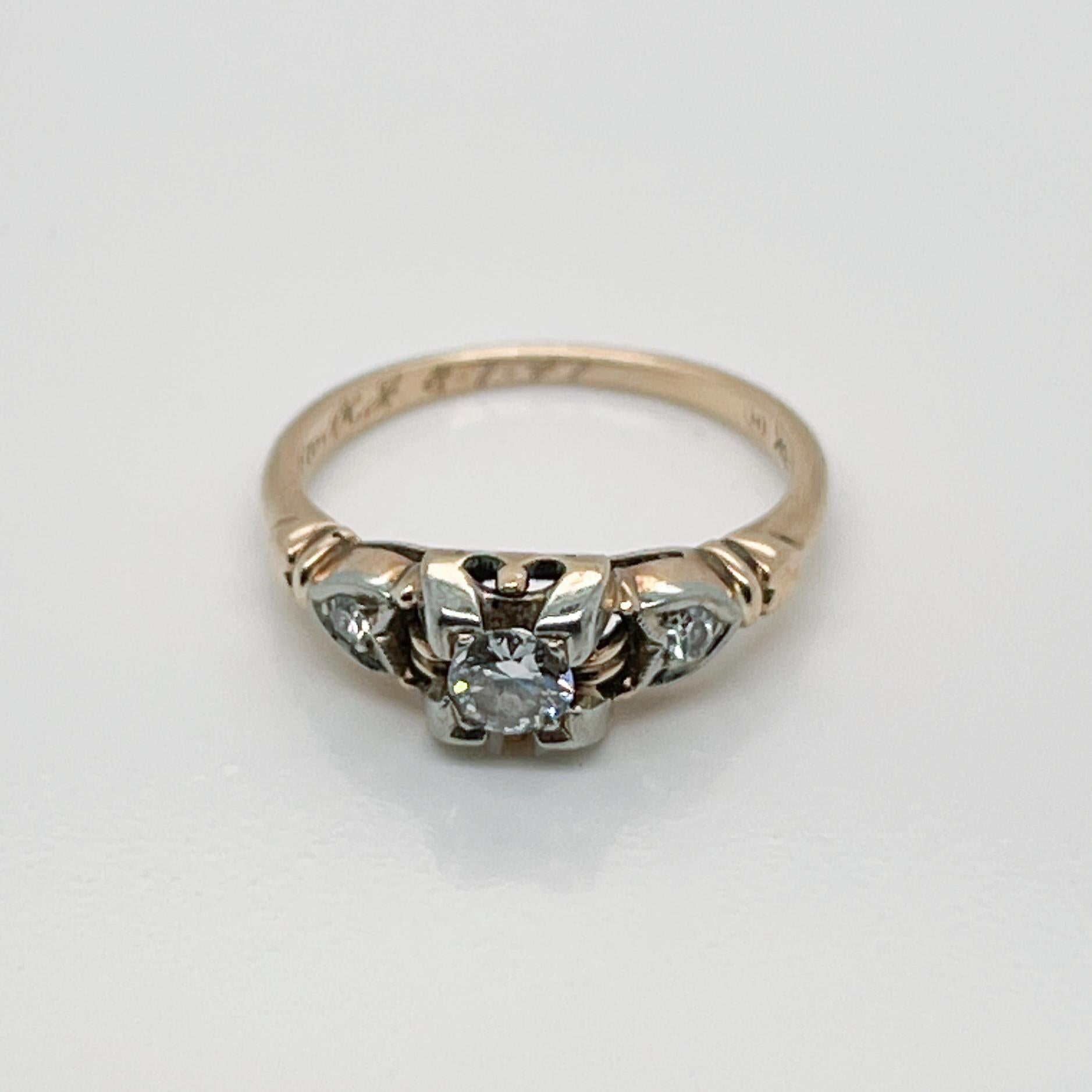 Round Cut Retro Signed 14K & 18K Gold & Diamond Engagement Ring by Hirsch & Oppenheimer For Sale