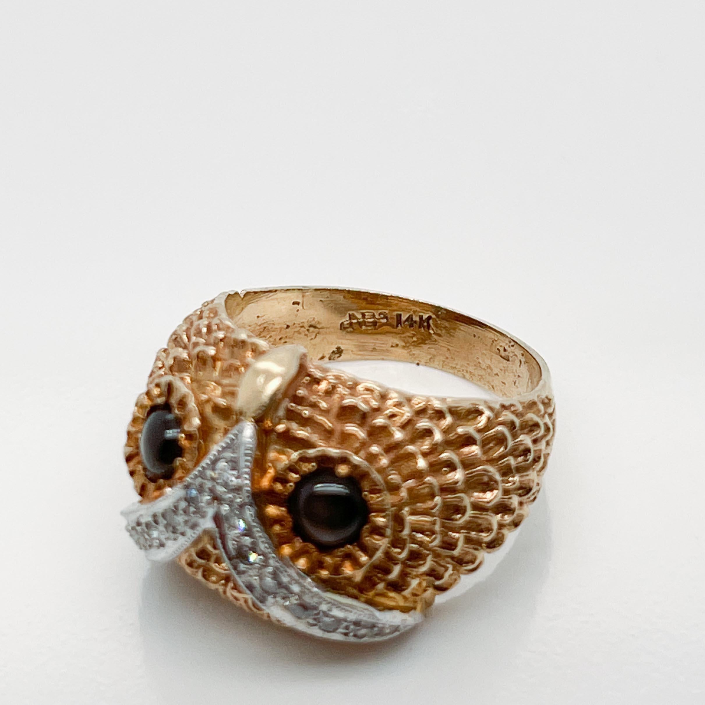 Retro Signed 14K Gold, Diamond & Star Sapphire Owl Cocktail Ring  For Sale 4