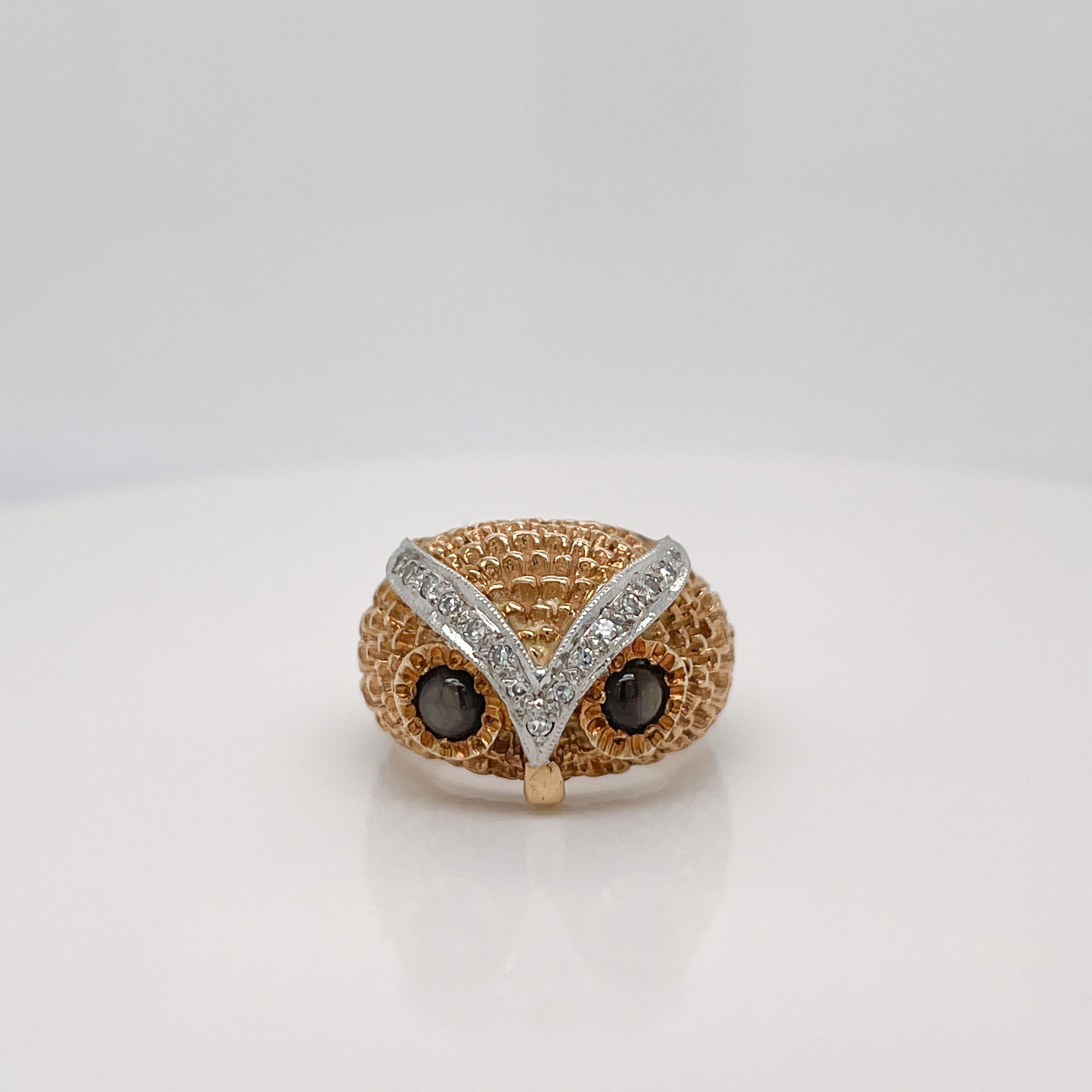 Retro Signed 14K Gold, Diamond & Star Sapphire Owl Cocktail Ring  In Good Condition For Sale In Philadelphia, PA
