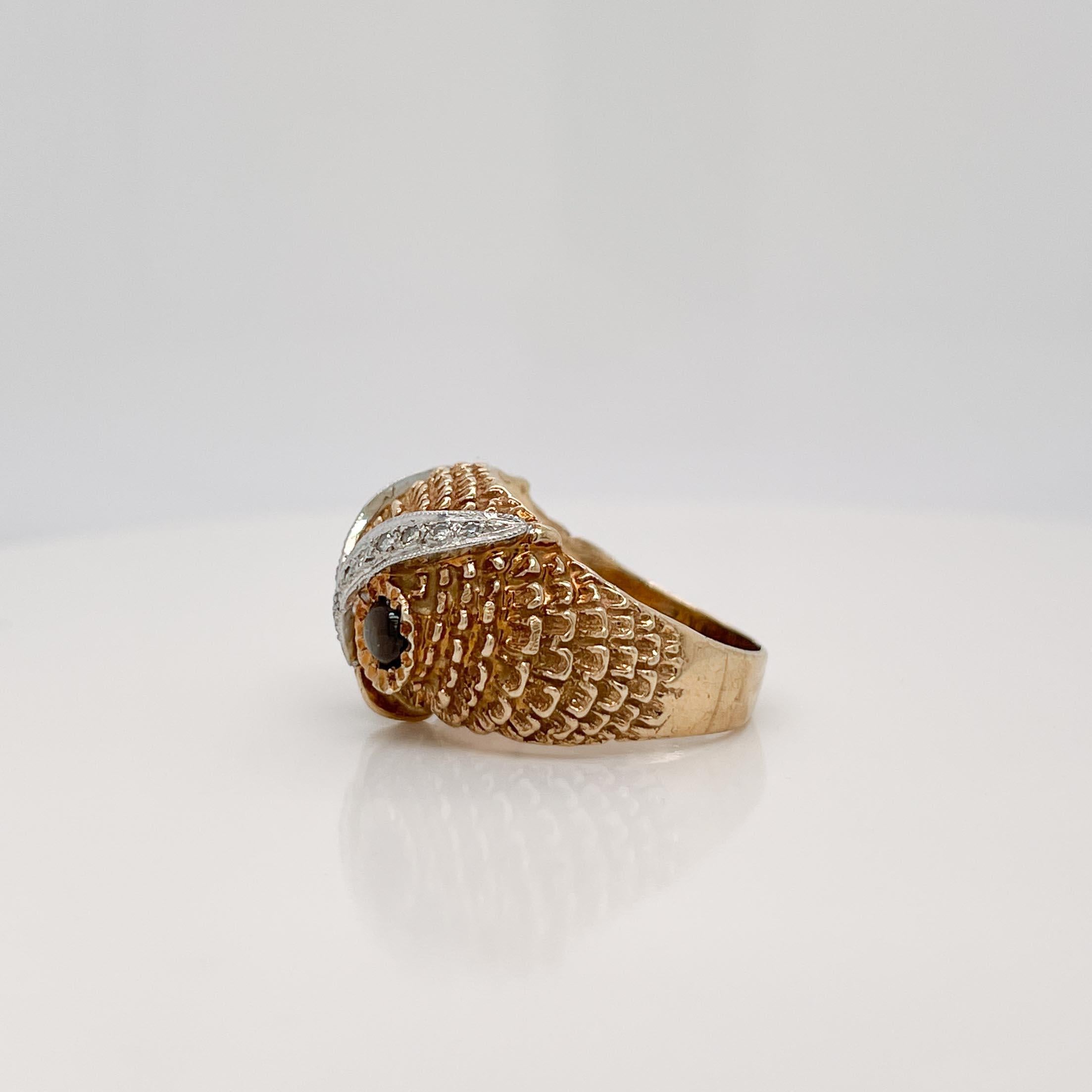 Women's Retro Signed 14K Gold, Diamond & Star Sapphire Owl Cocktail Ring  For Sale