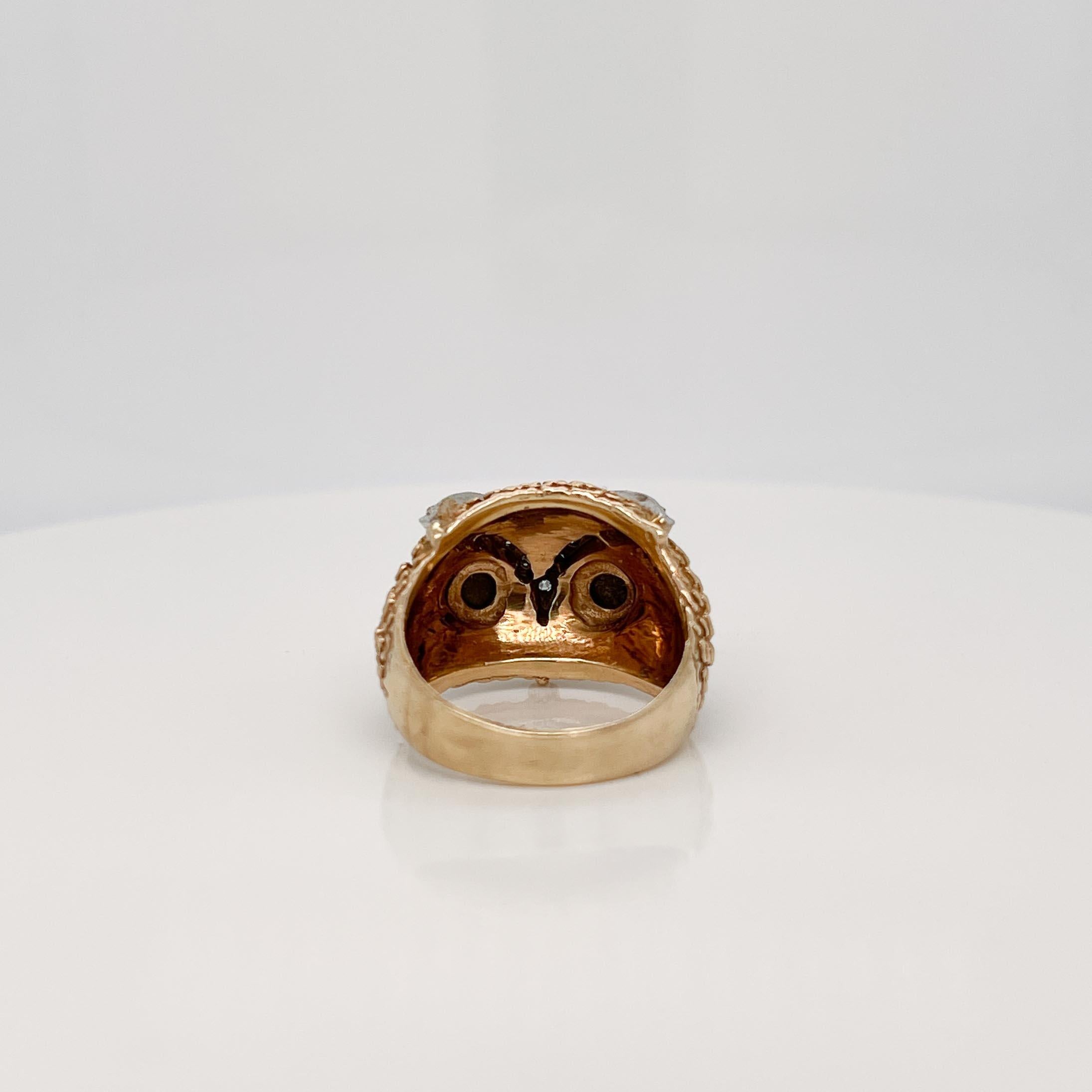 Retro Signed 14K Gold, Diamond & Star Sapphire Owl Cocktail Ring  For Sale 1