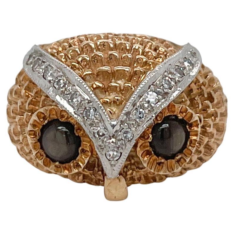 Retro Signed 14K Gold, Diamond & Star Sapphire Owl Cocktail Ring  For Sale
