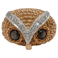 Retro Signed 14K Gold, Diamond & Star Sapphire Owl Cocktail Ring 