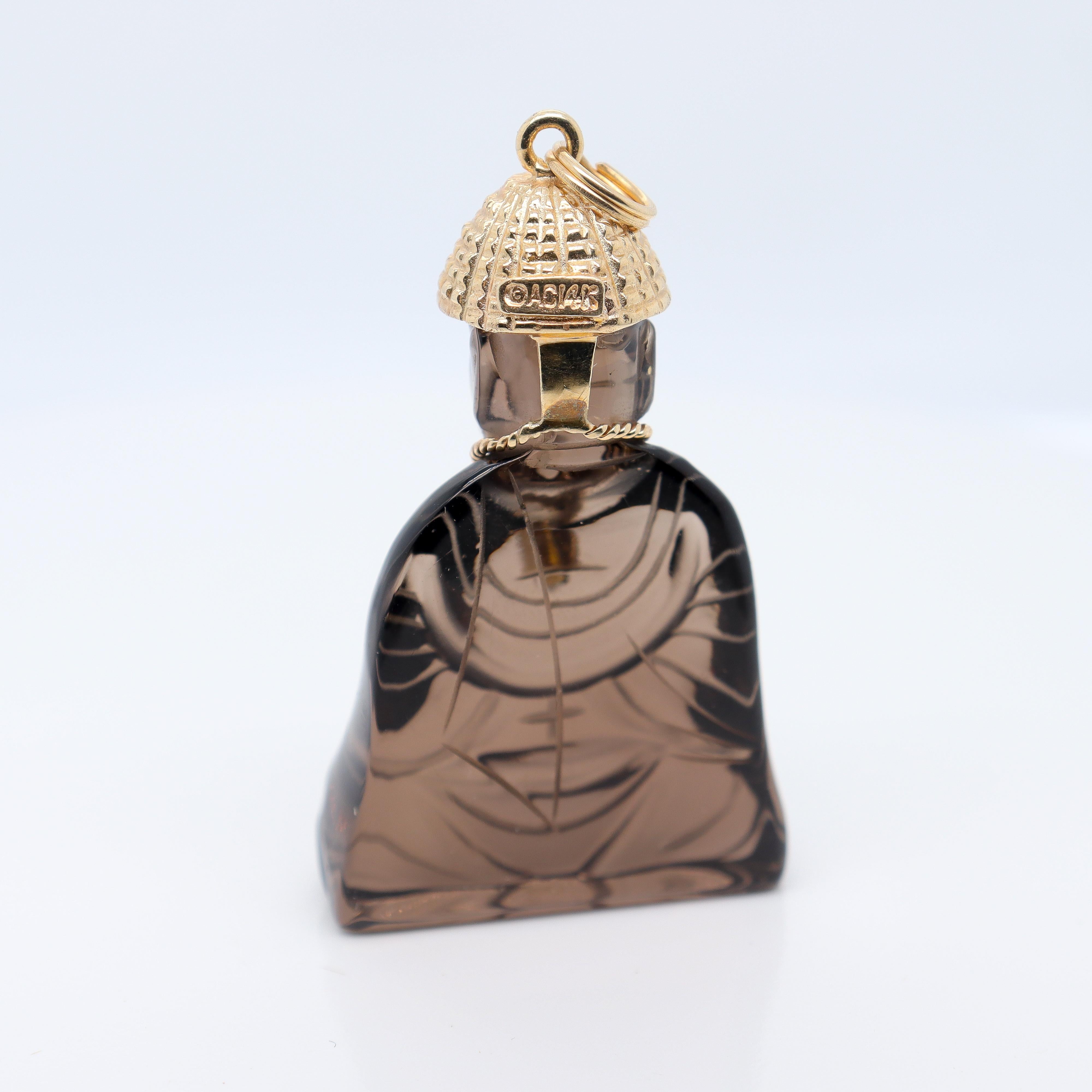 Retro Signed 14k Gold, Smoky Quartz, & Seed Pearl Carved Buddha Charm or Pendant For Sale 4