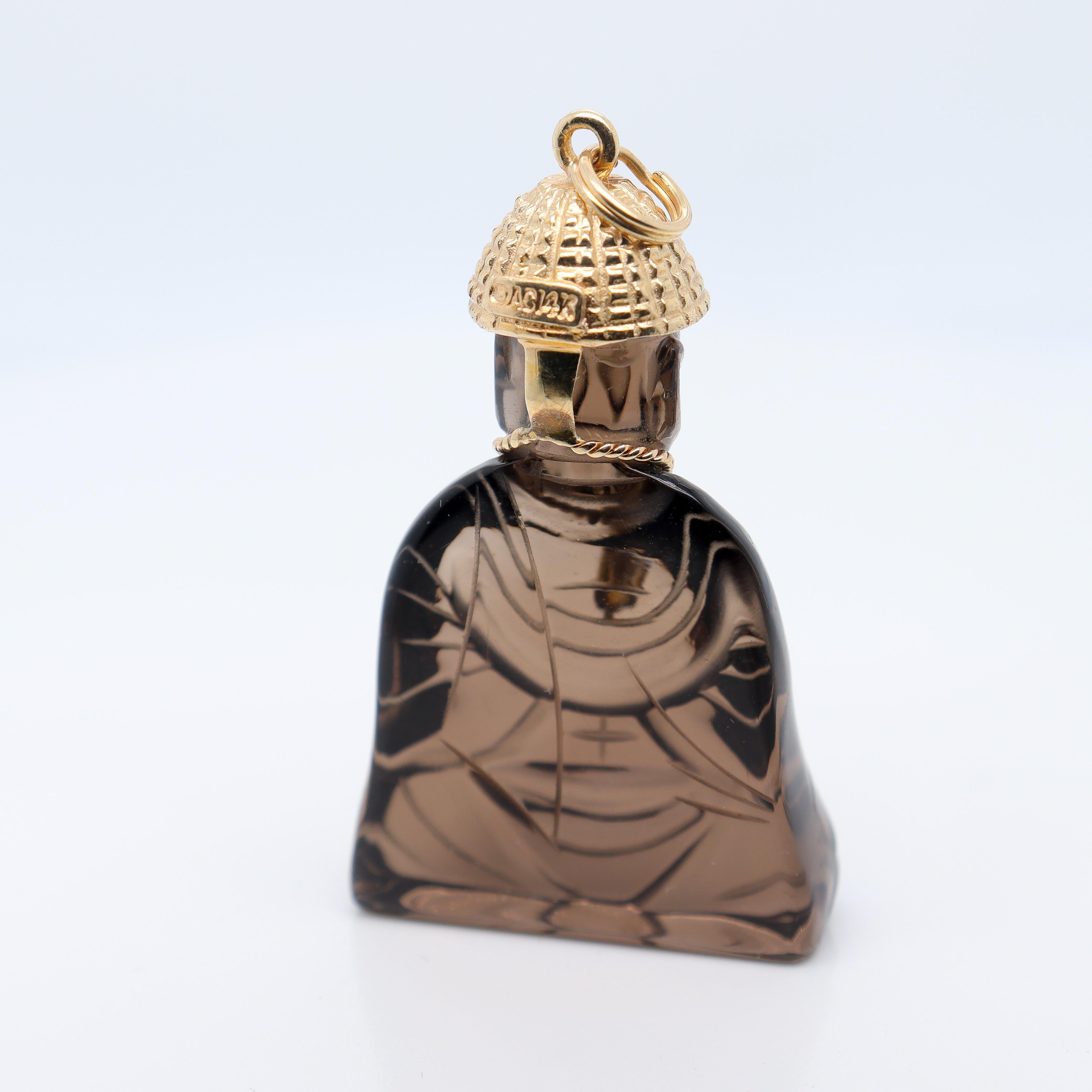 Retro Signed 14k Gold, Smoky Quartz, & Seed Pearl Carved Buddha Charm or Pendant For Sale 5