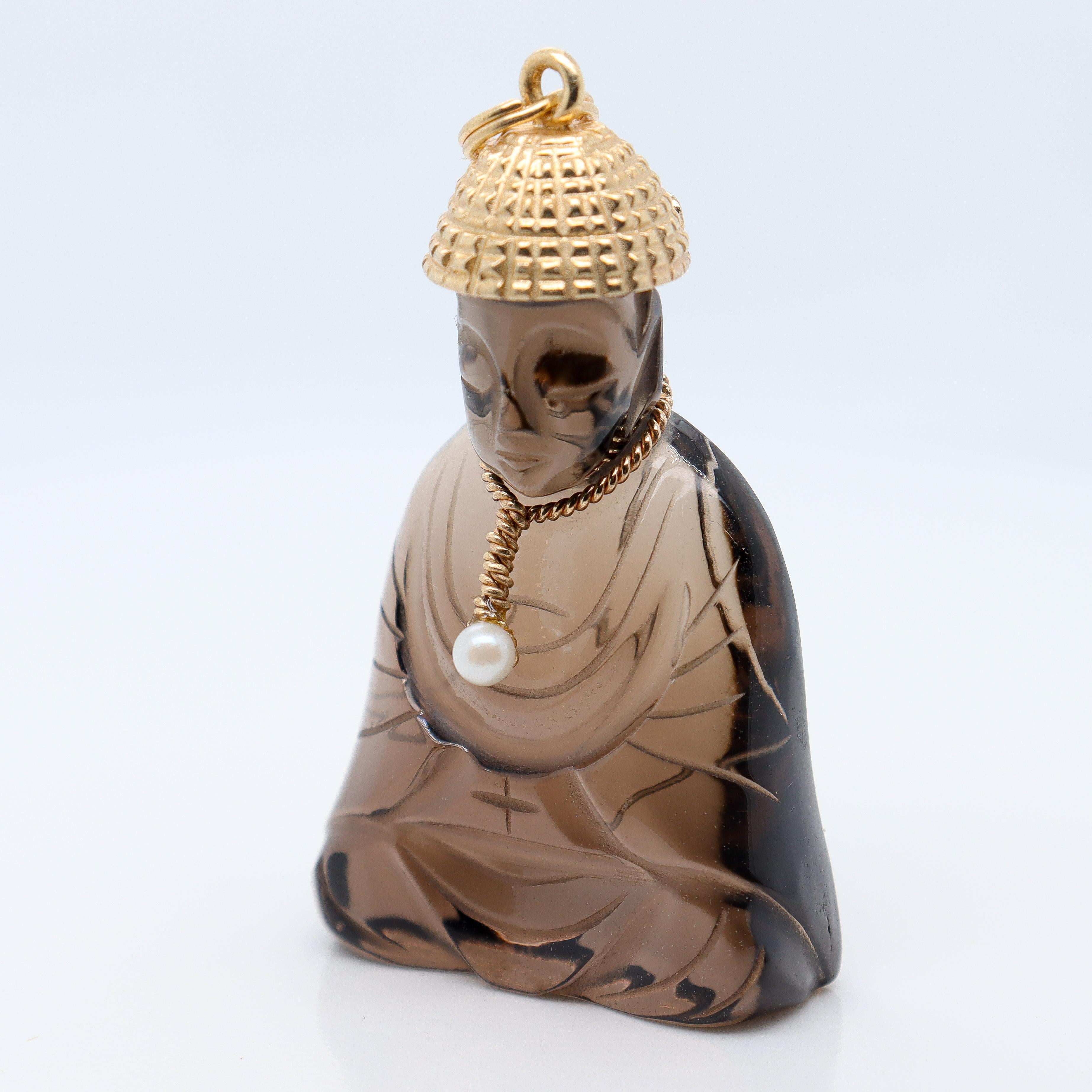 Retro Signed 14k Gold, Smoky Quartz, & Seed Pearl Carved Buddha Charm or Pendant For Sale 6