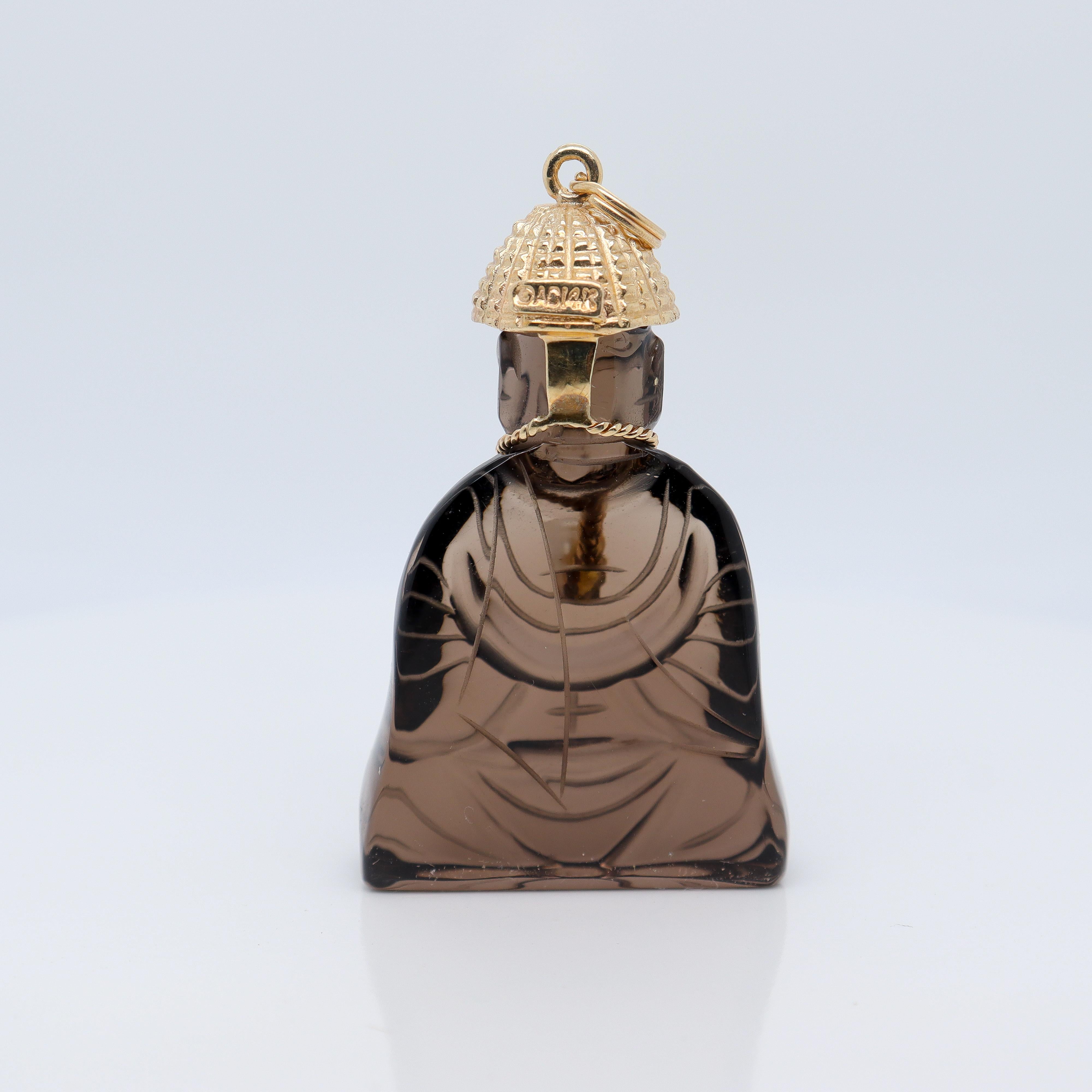 Retro signierter Buddha-Anhänger oder -anhänger aus 14 Karat Gold, Rauchquarz und Saatperlen für Damen oder Herren im Angebot