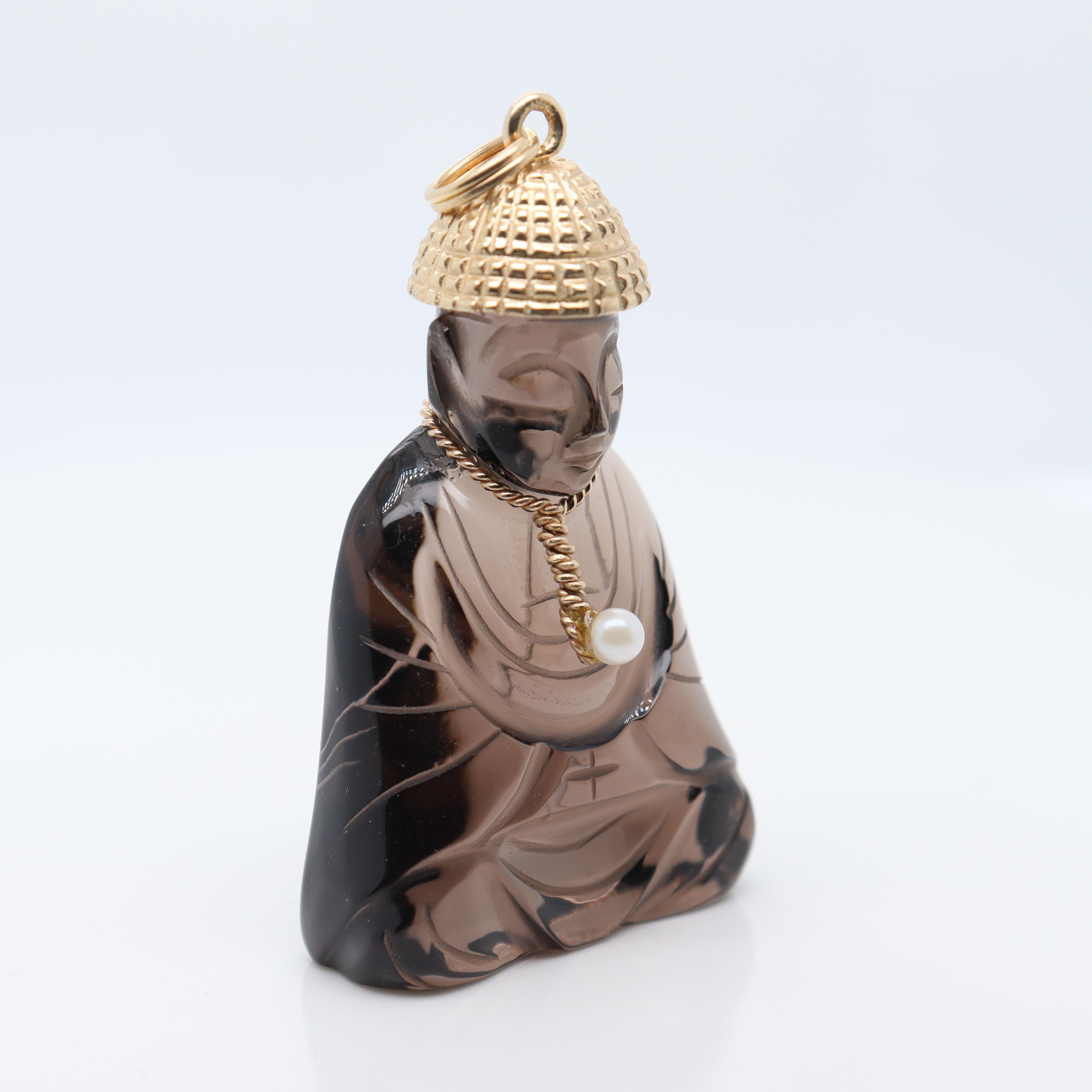 Retro Signed 14k Gold, Smoky Quartz, & Seed Pearl Carved Buddha Charm or Pendant In Good Condition For Sale In Philadelphia, PA