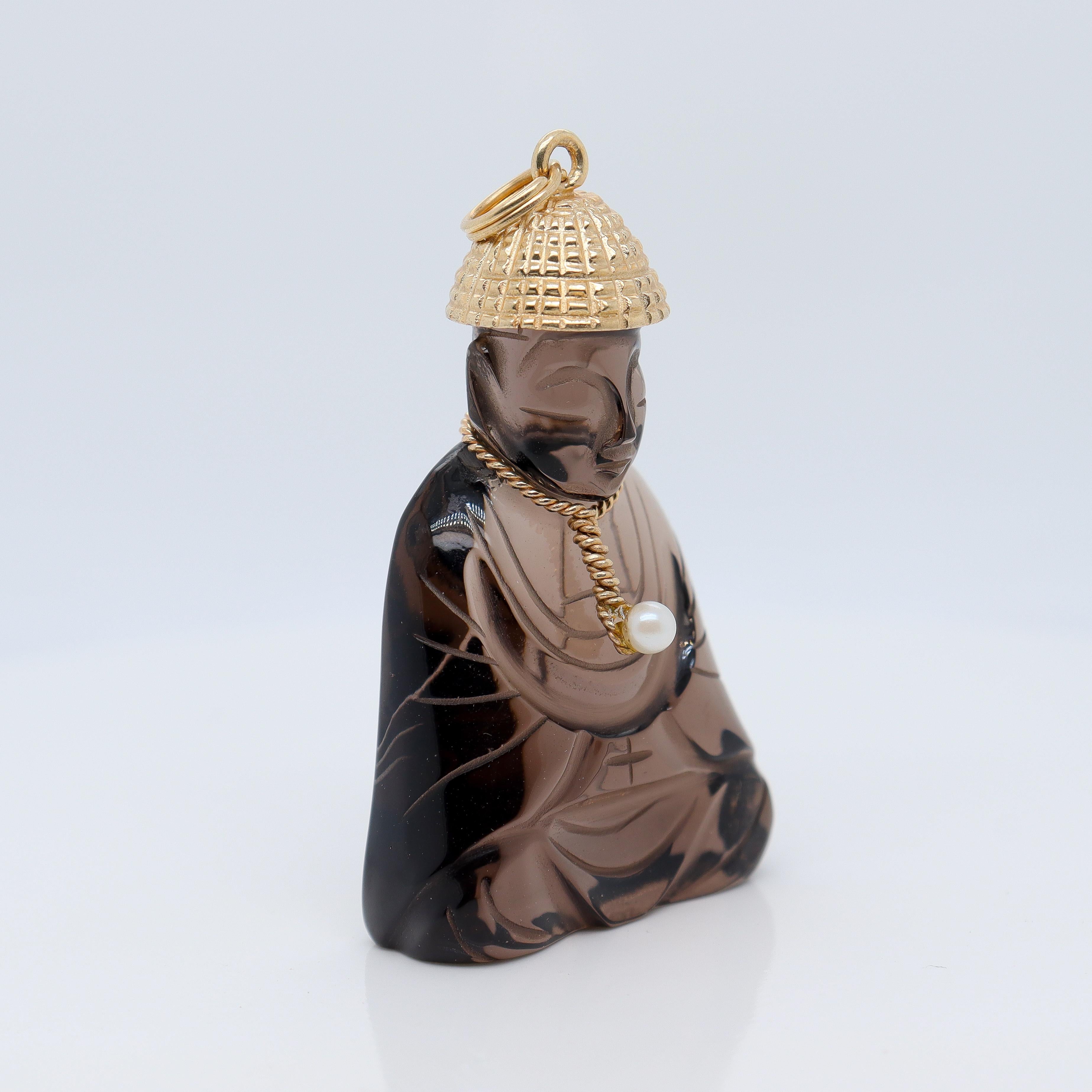 Women's or Men's Retro Signed 14k Gold, Smoky Quartz, & Seed Pearl Carved Buddha Charm or Pendant For Sale