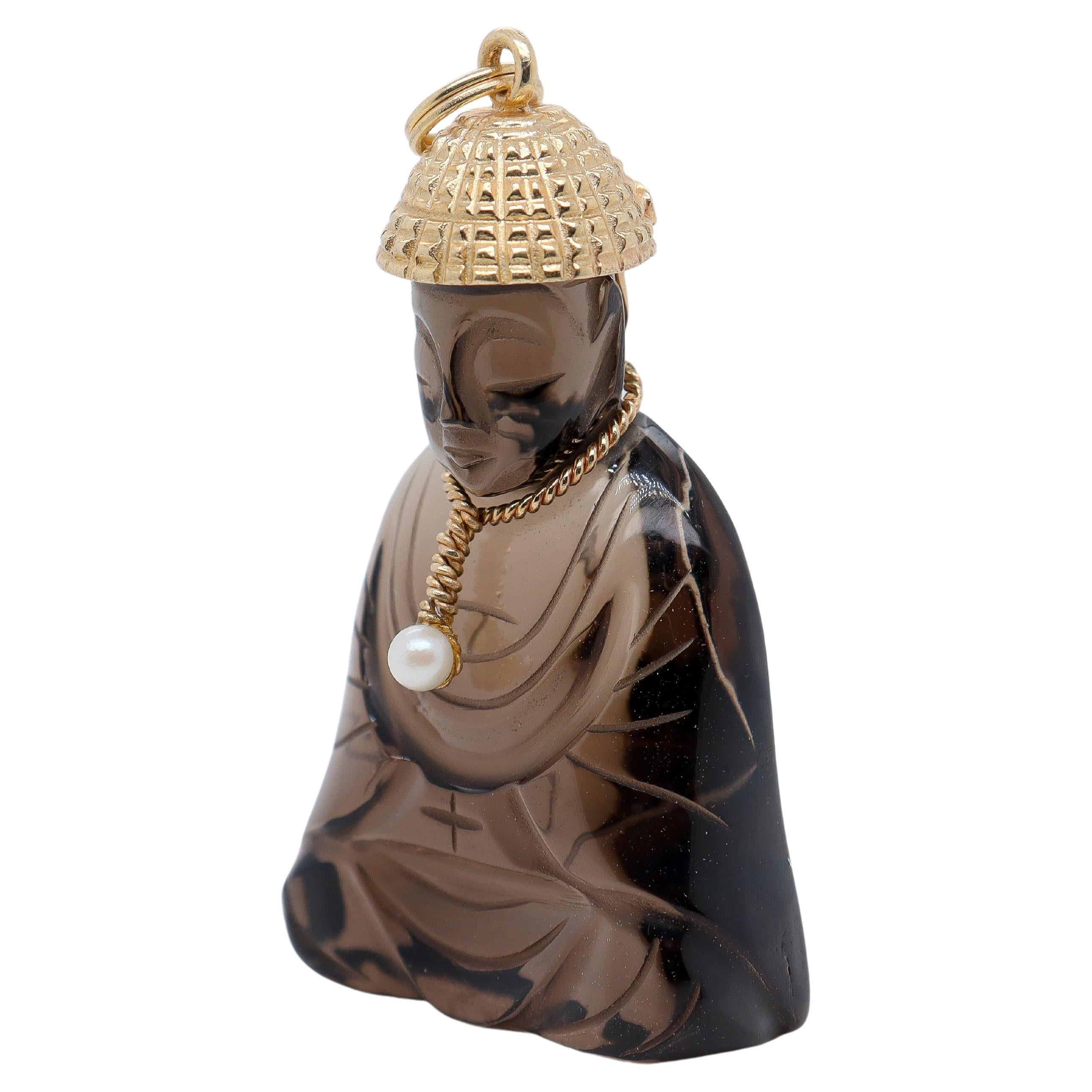 Retro Signed 14k Gold, Smoky Quartz, & Seed Pearl Carved Buddha Charm or Pendant For Sale