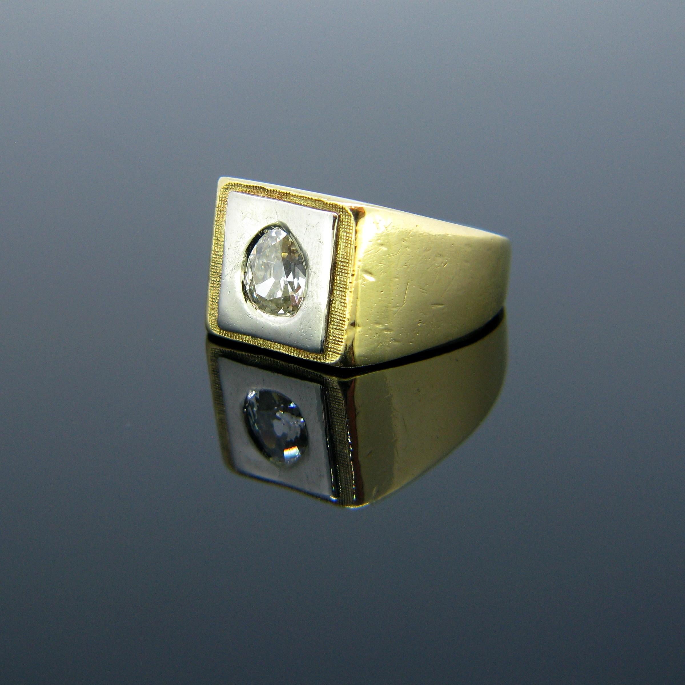 Retro Signet Pear Shaped Diamond Yellow White Gold Ring 1