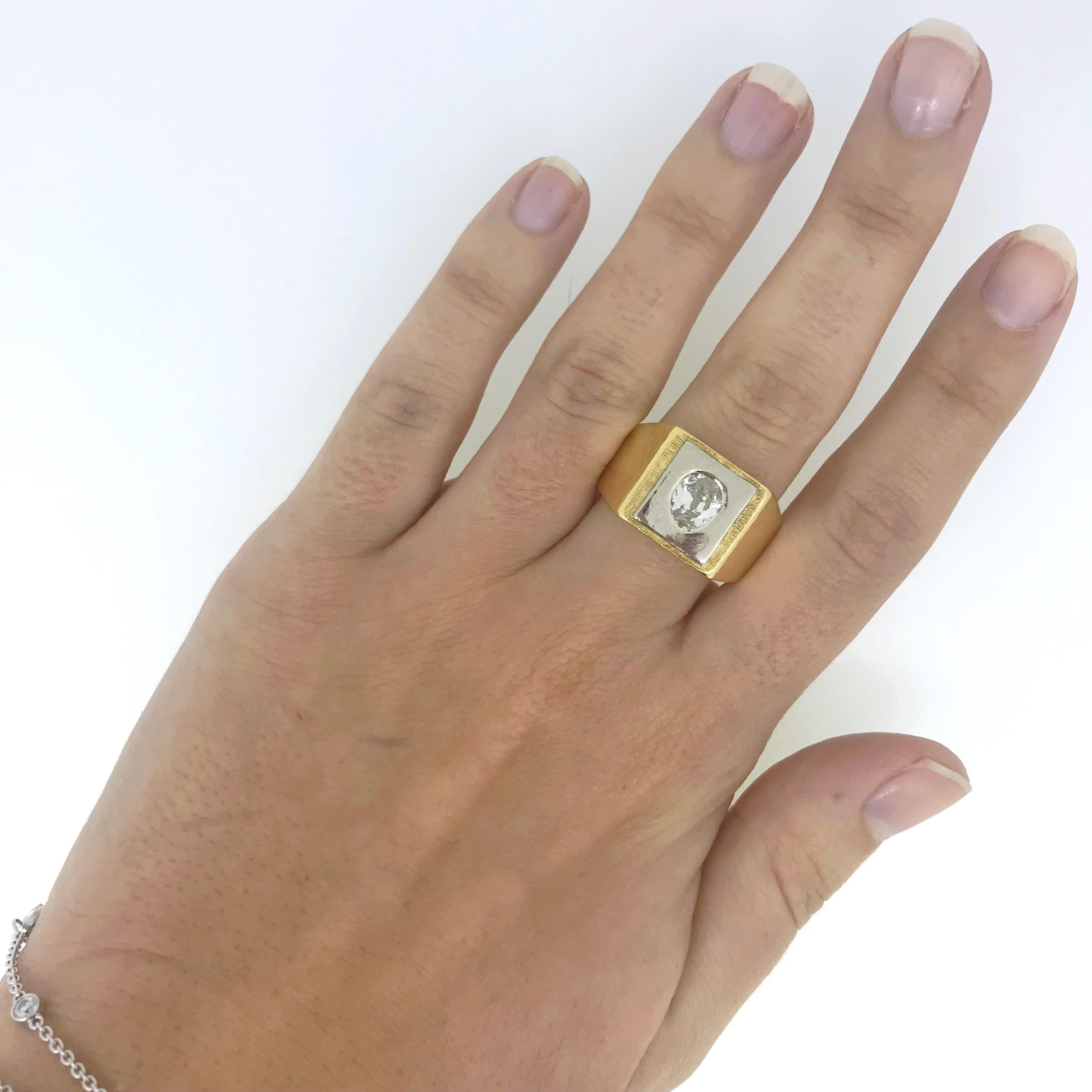 Retro Signet Pear Shaped Diamond Yellow White Gold Ring 2