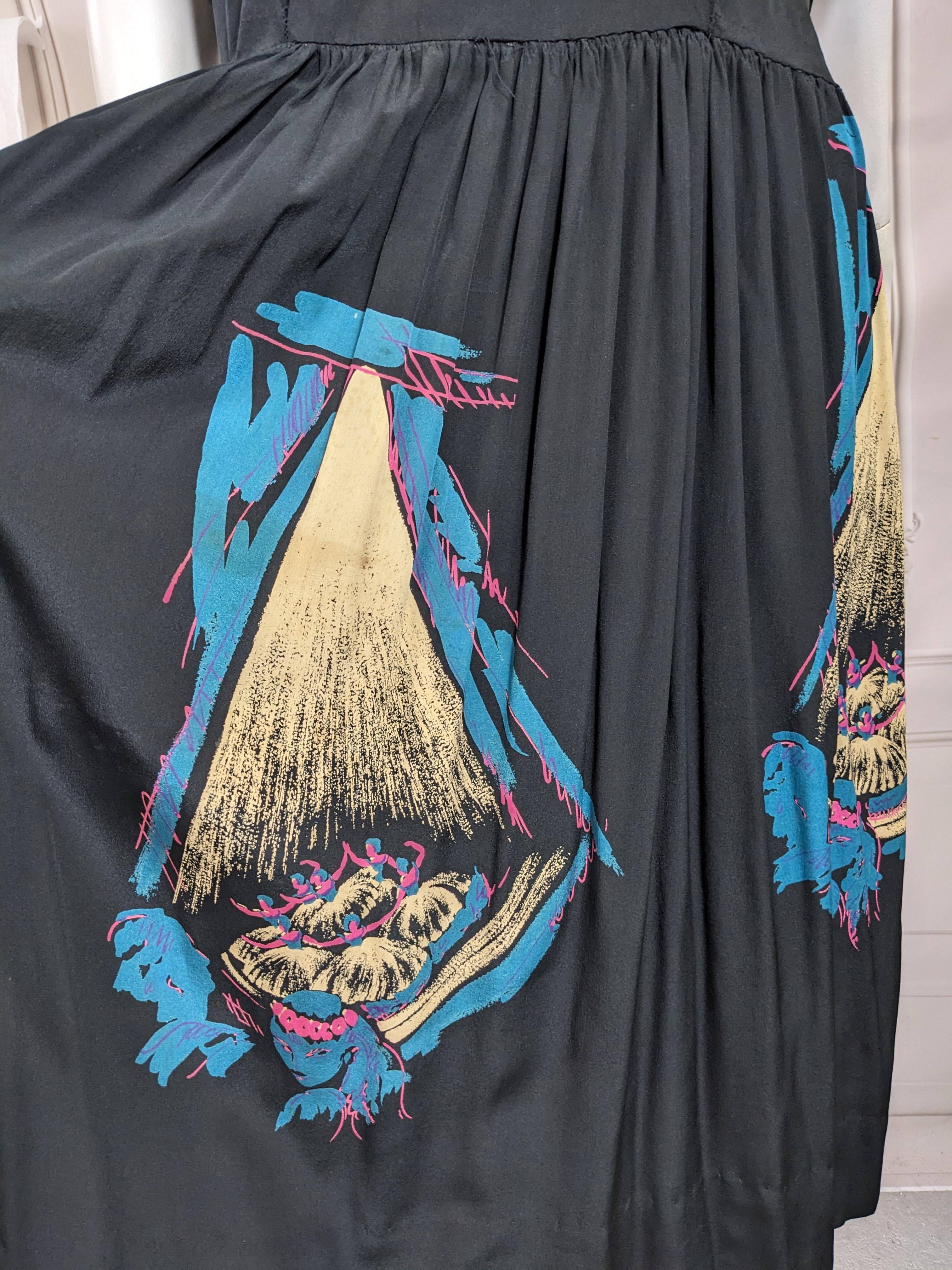Retro Seidenkrepp Surreal Ballerina Print Kleid Damen im Angebot
