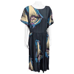 Retro Silk Crepe Surreal Ballerina Print Dress