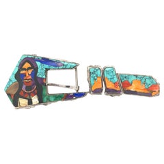 Retro Silver Gemstone Inlay Belt Buckle by Danny Romero