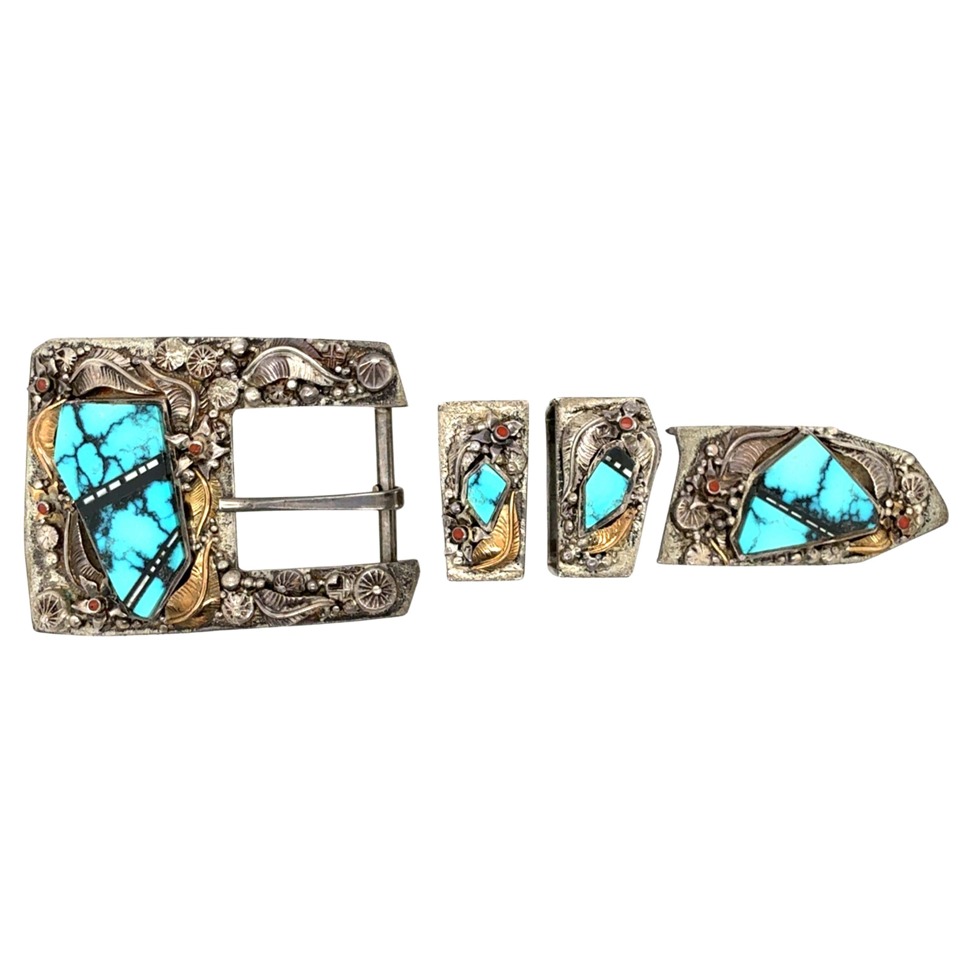 Boucle de ceinture rétro en argent et or turquoise par Danny Romero
