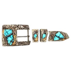 Vintage Silver & Gold Turquoise Belt Buckle by Danny Romero
