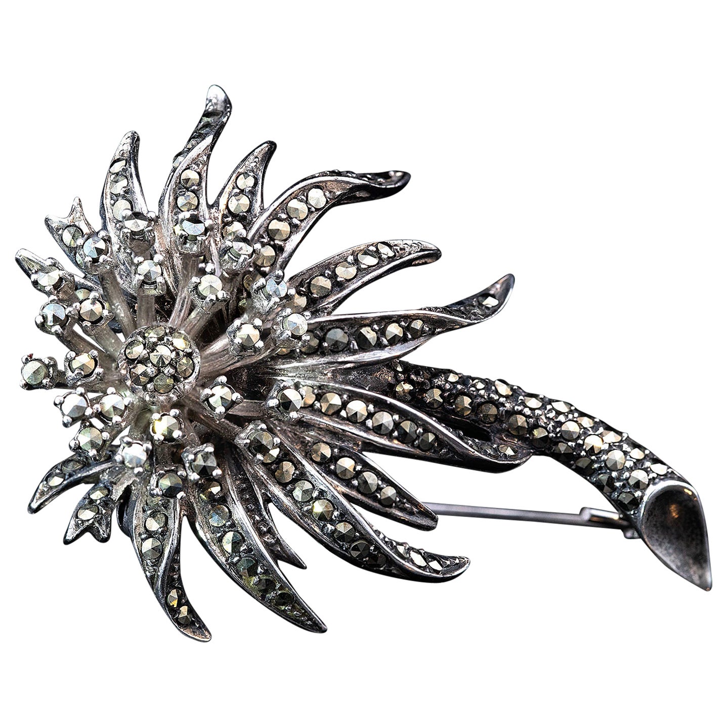 Broche rétro Marcasite florale poinçonnée Londres 1964
