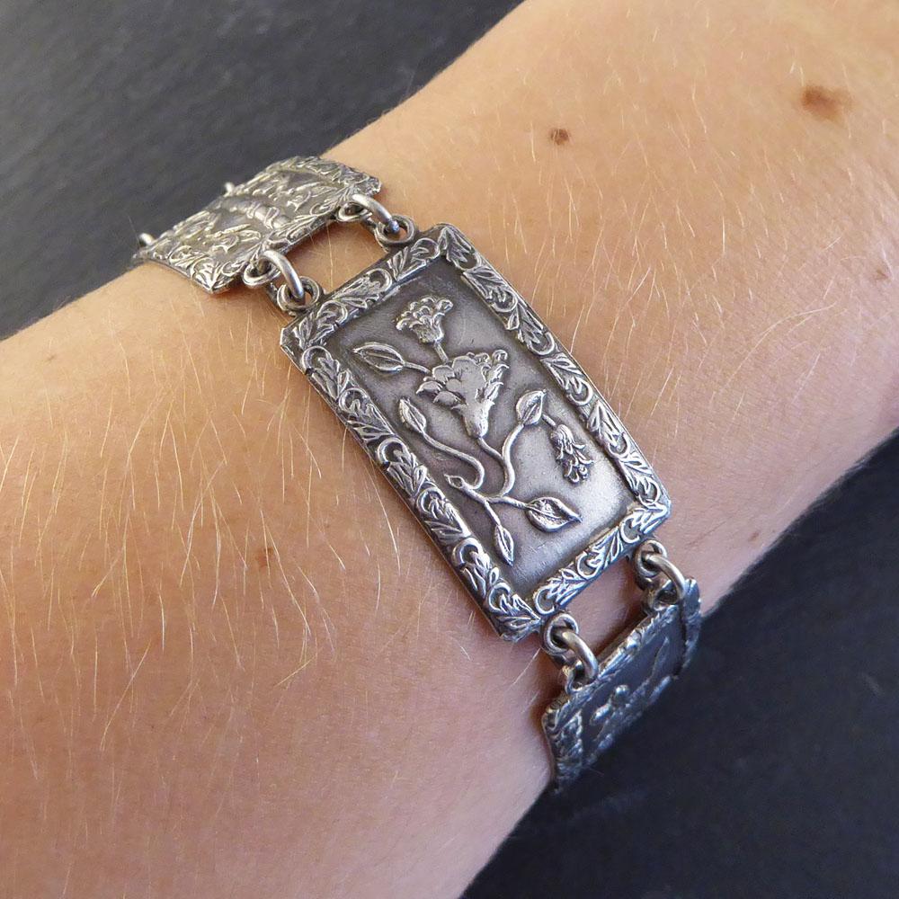 Retro Silver Panel Bracelet with Floral Engraving, circa 1945 6