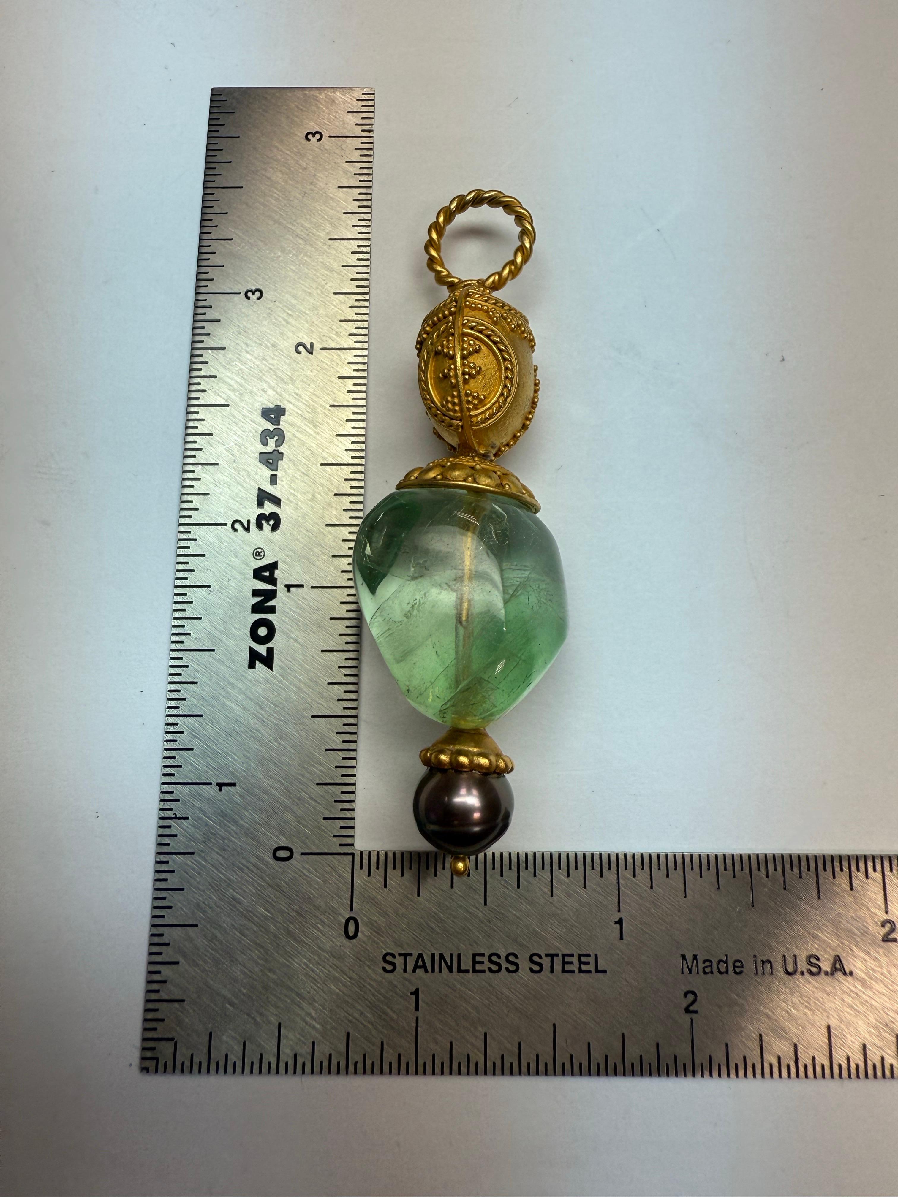 Bead Retro Silver Statement Pendant Green Fluorite And Black Tahitian Pearl For Sale