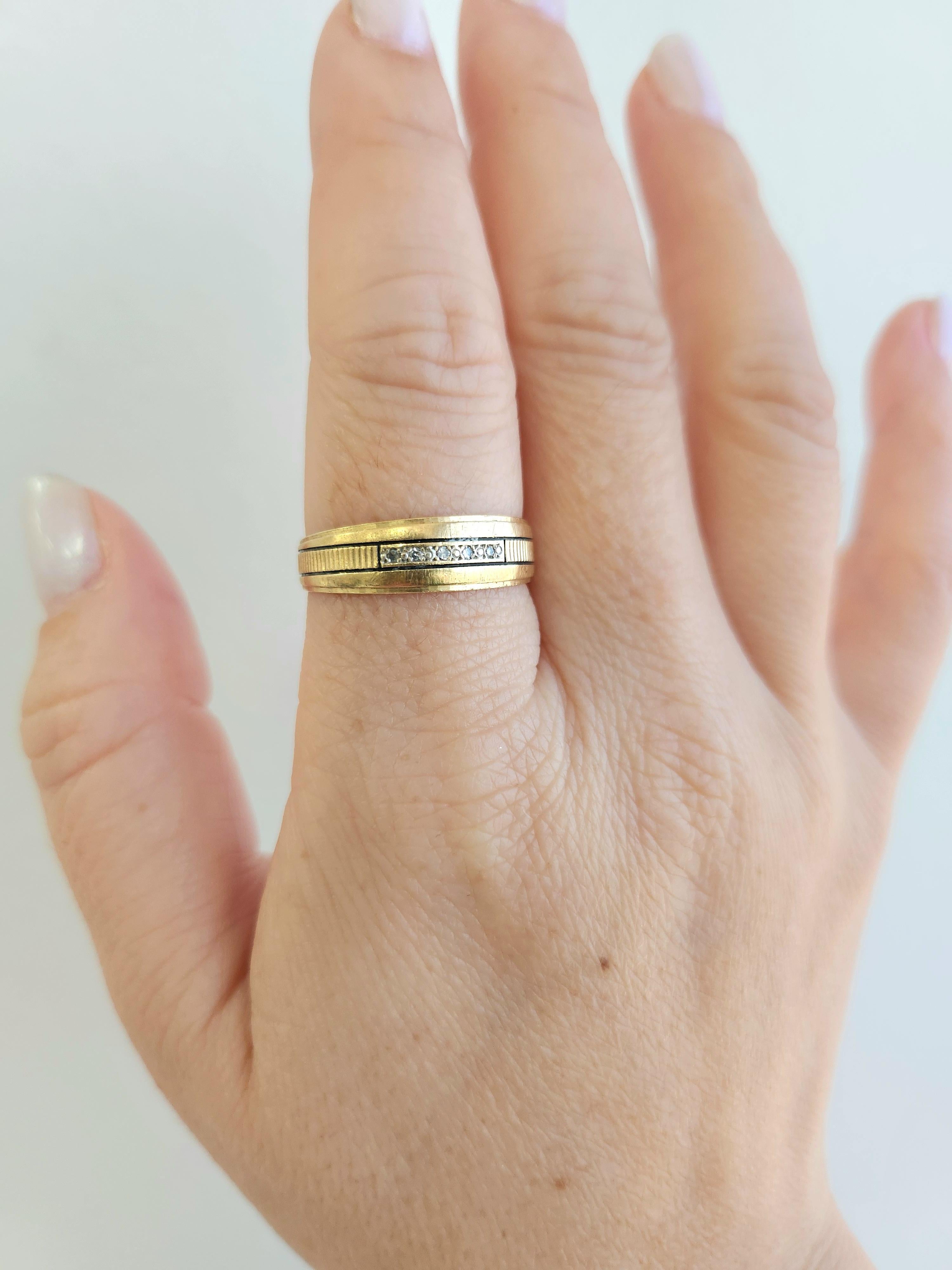 Donna Fascia retrò con diamante a taglio singolo e smalto nero in oro giallo 14K in vendita