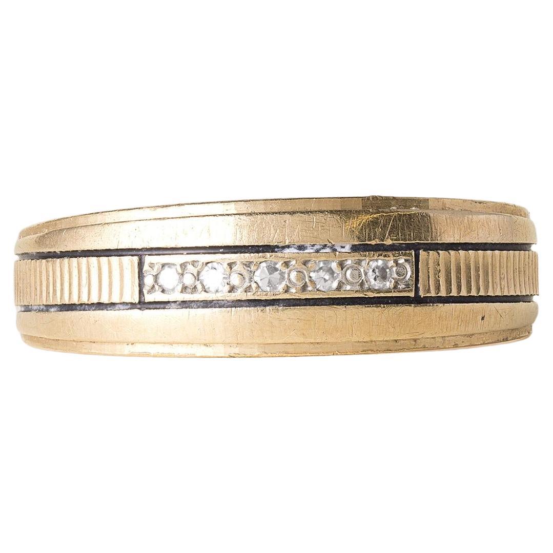 Fascia retrò con diamante a taglio singolo e smalto nero in oro giallo 14K in vendita