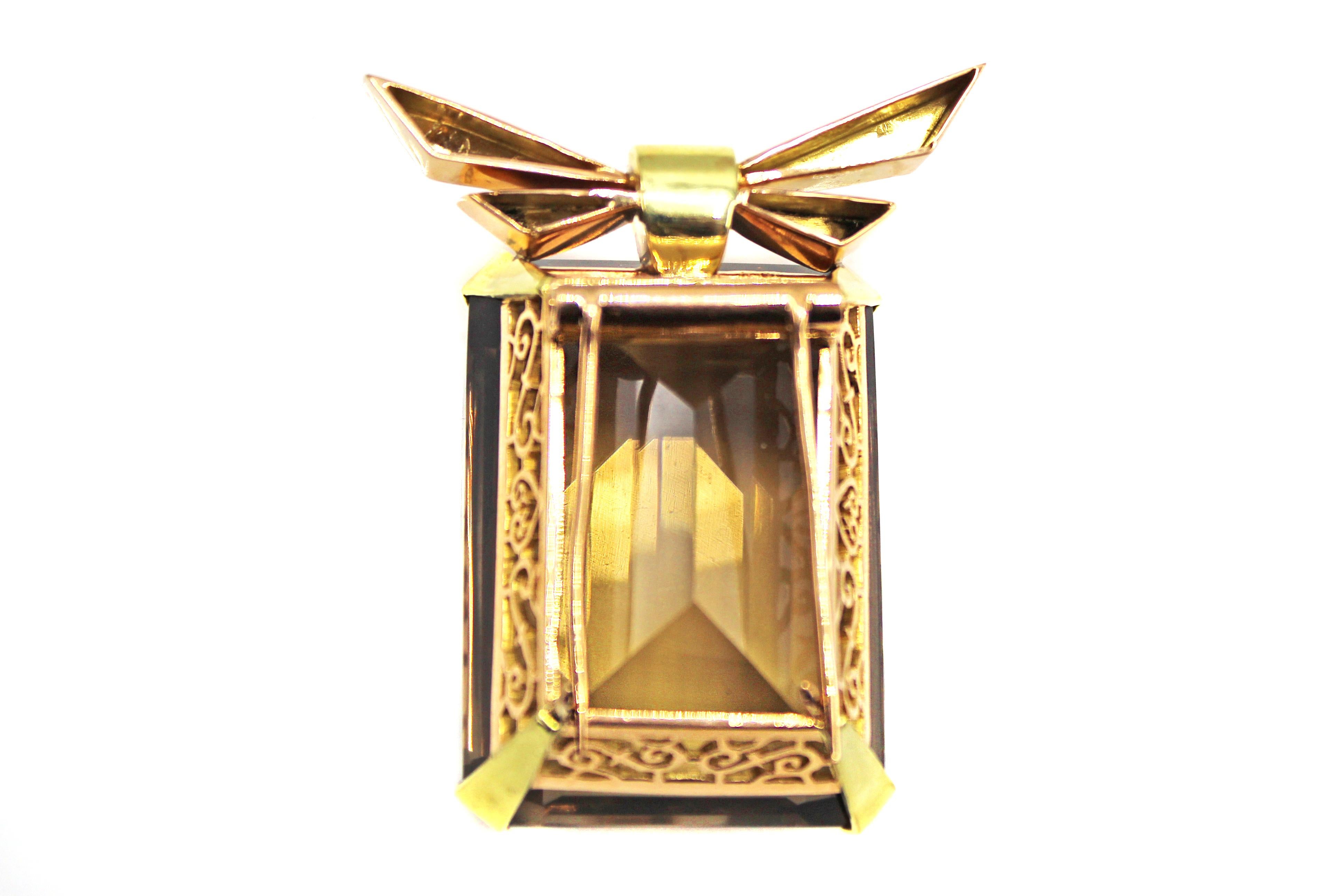 Retro-Rauchquarz-Citrin-Brosche aus 18 Karat zweifarbigem Gold (Smaragdschliff) im Angebot