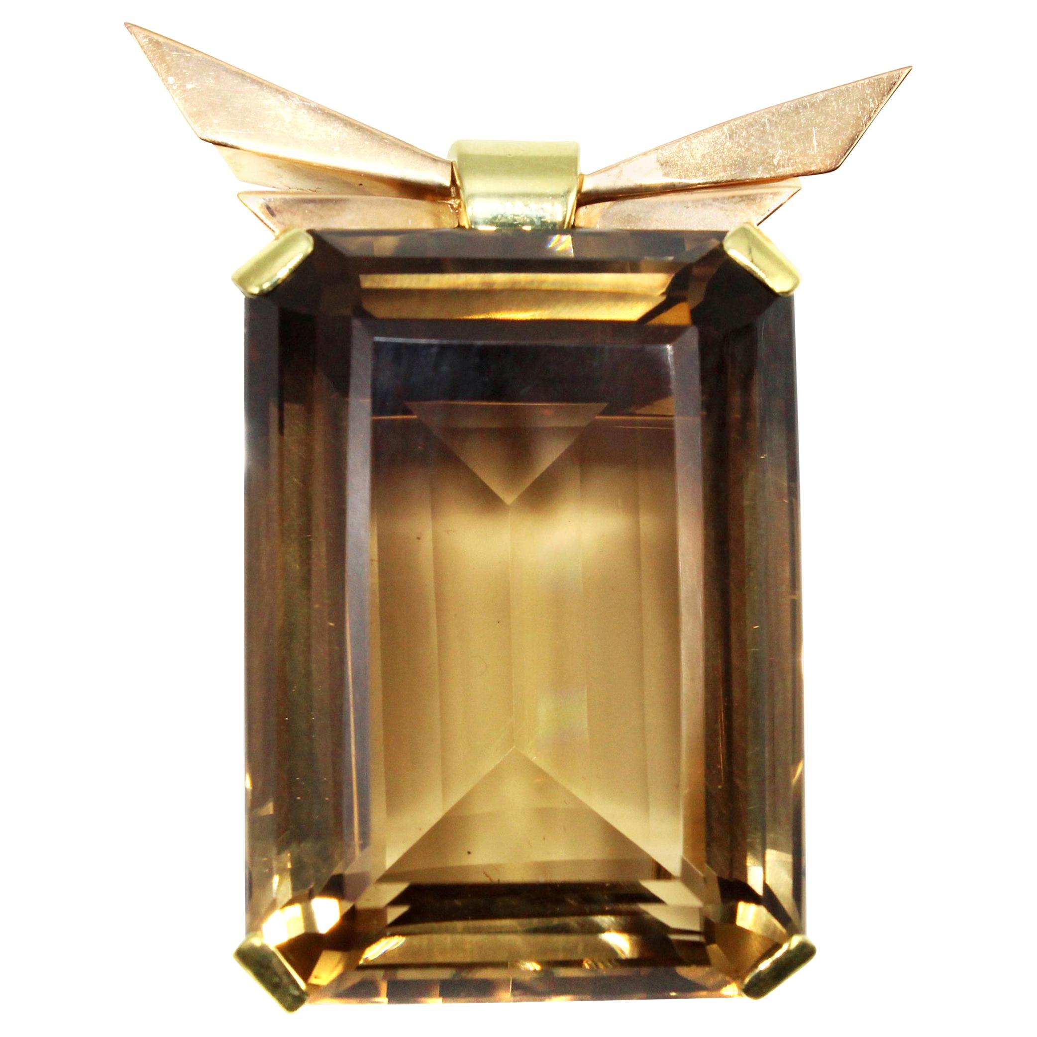 Retro Smoky Quartz Citrine 18 Karat Two-Color Gold Brooch