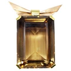 Retro Smoky Quartz Citrine 18 Karat Two-Color Gold Brooch