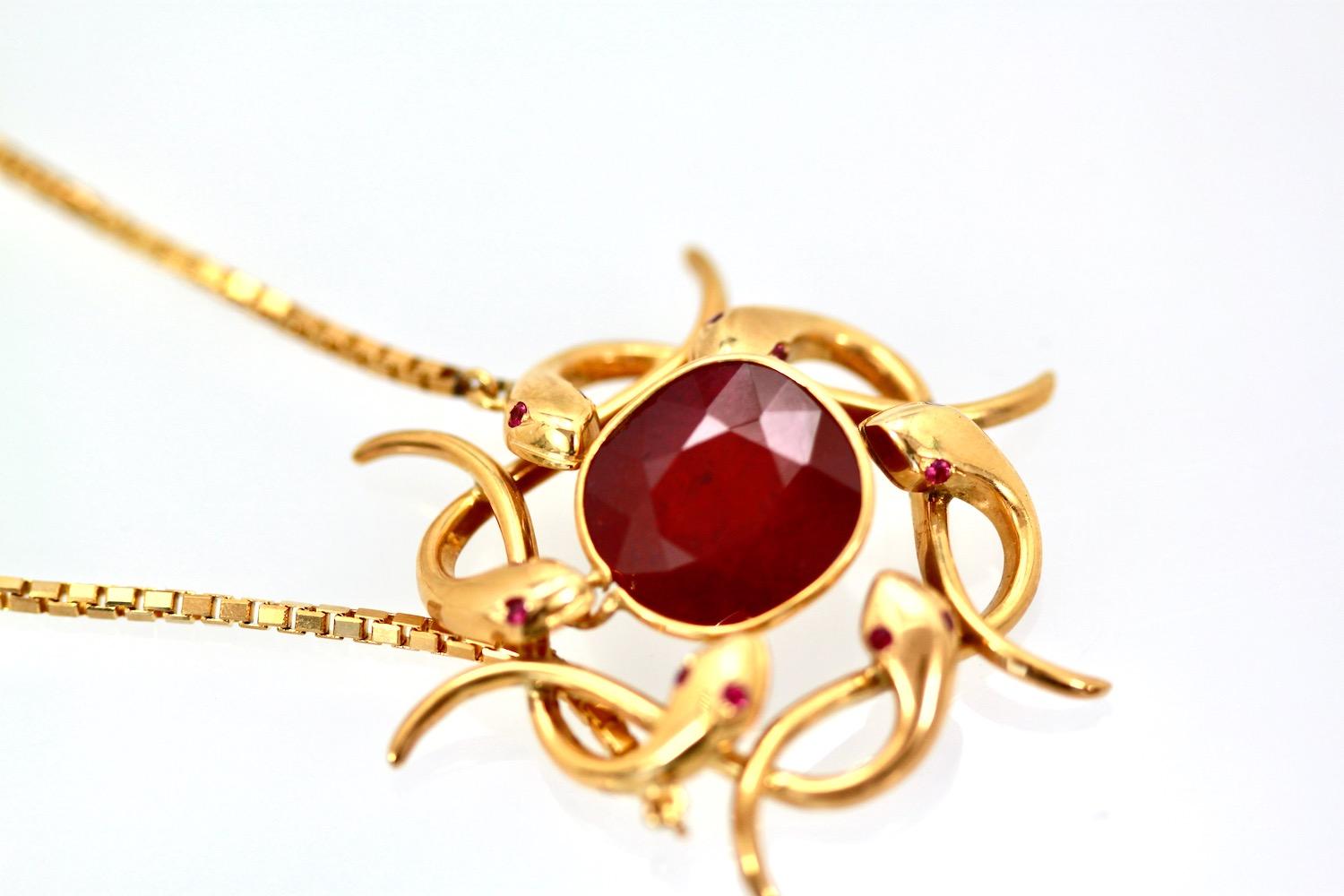 Women's Retro Snake Pendant with 9 Carat Ruby in 14k & 22k Gold