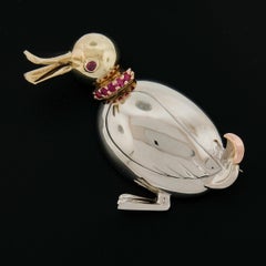 Retro Solid 14K Tri Gold 3D Duck Bird Pin Brooch w/ 0.20ctw Round Brilliant Ruby