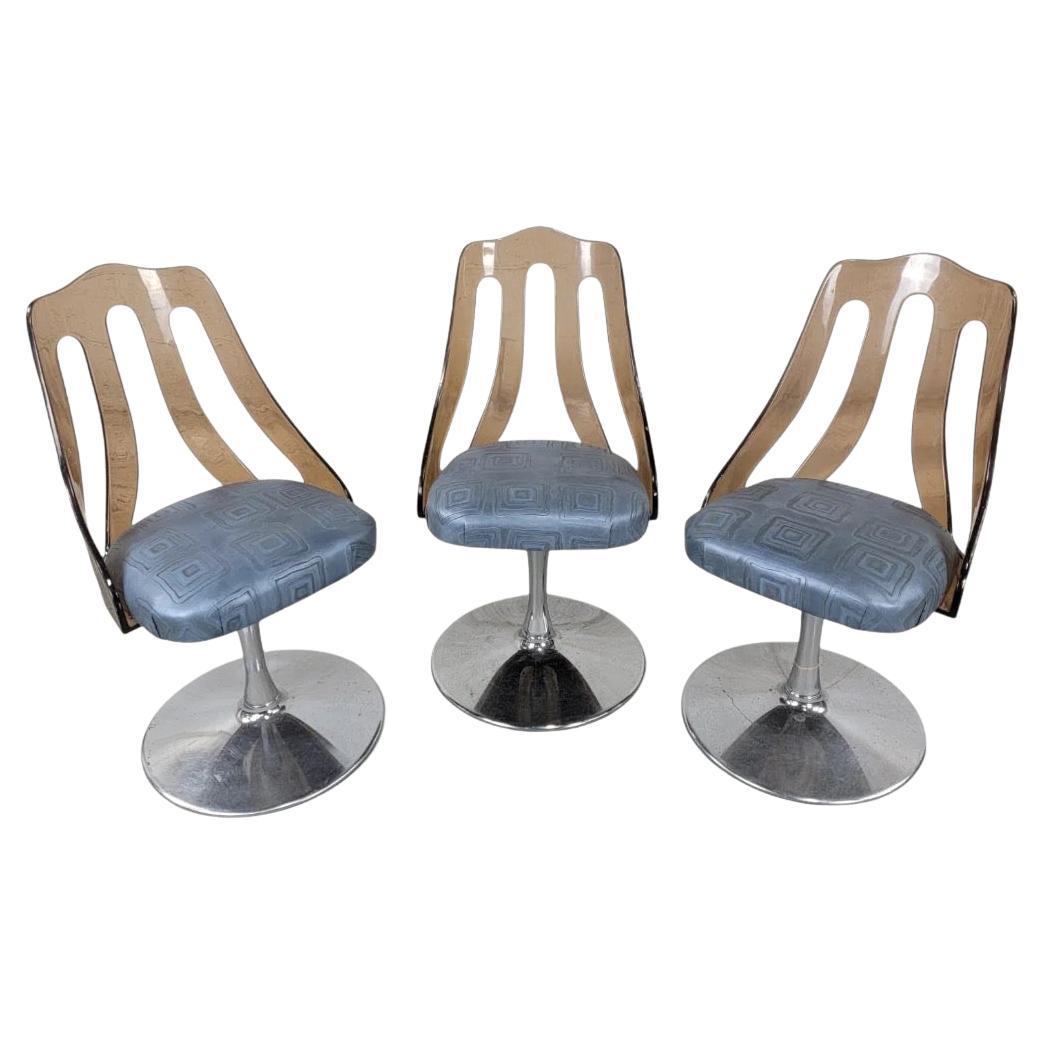 Retro Space Age Tulip Lucite Sillas Giratorias De Cuero, Juego De 3
