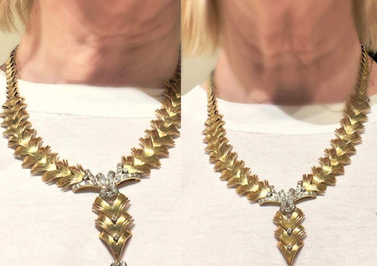 Single Cut Retro Spiga Design with Diamonds  18k Yellow Gold Necklace  For Sale