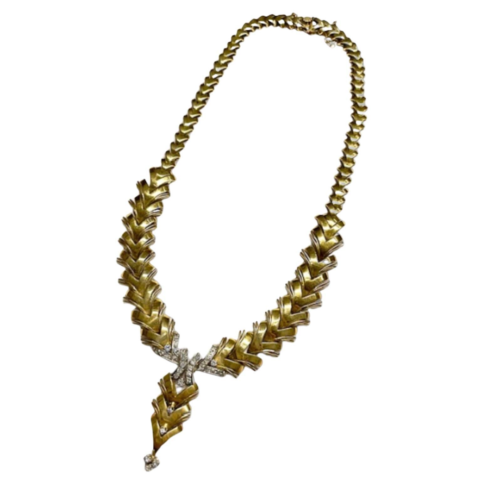 Retro Spiga Design with Diamonds  18k Yellow Gold Necklace  For Sale
