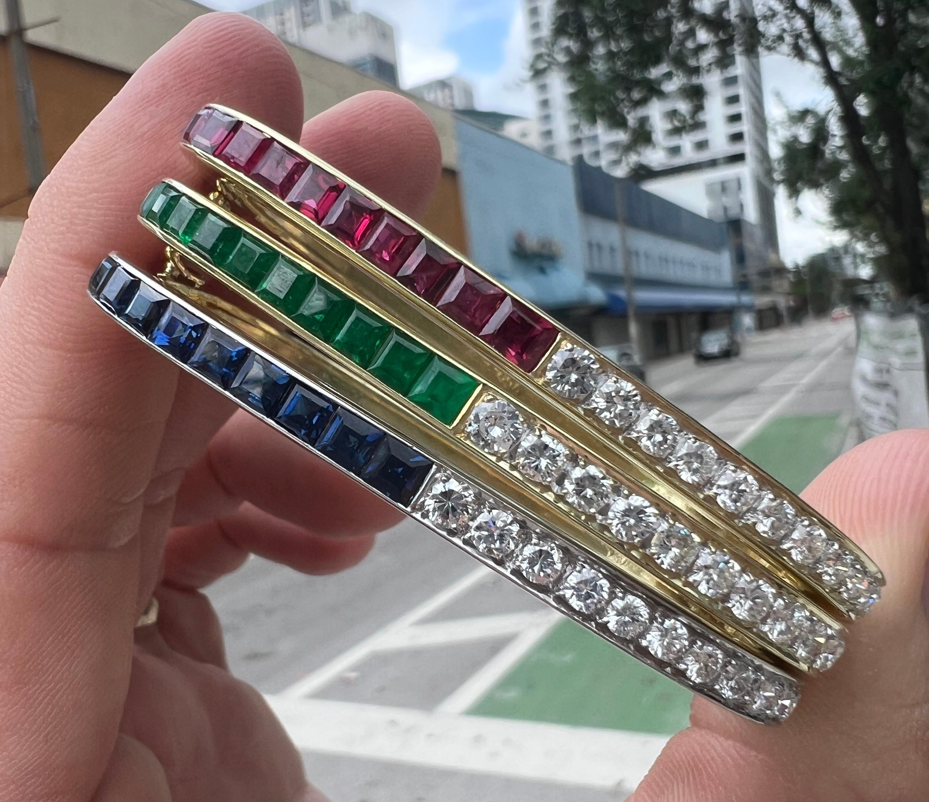 Retro Square Bangle Bracelets 18k Diamond Sapphire Ruby Emerald Yellow Gold 5