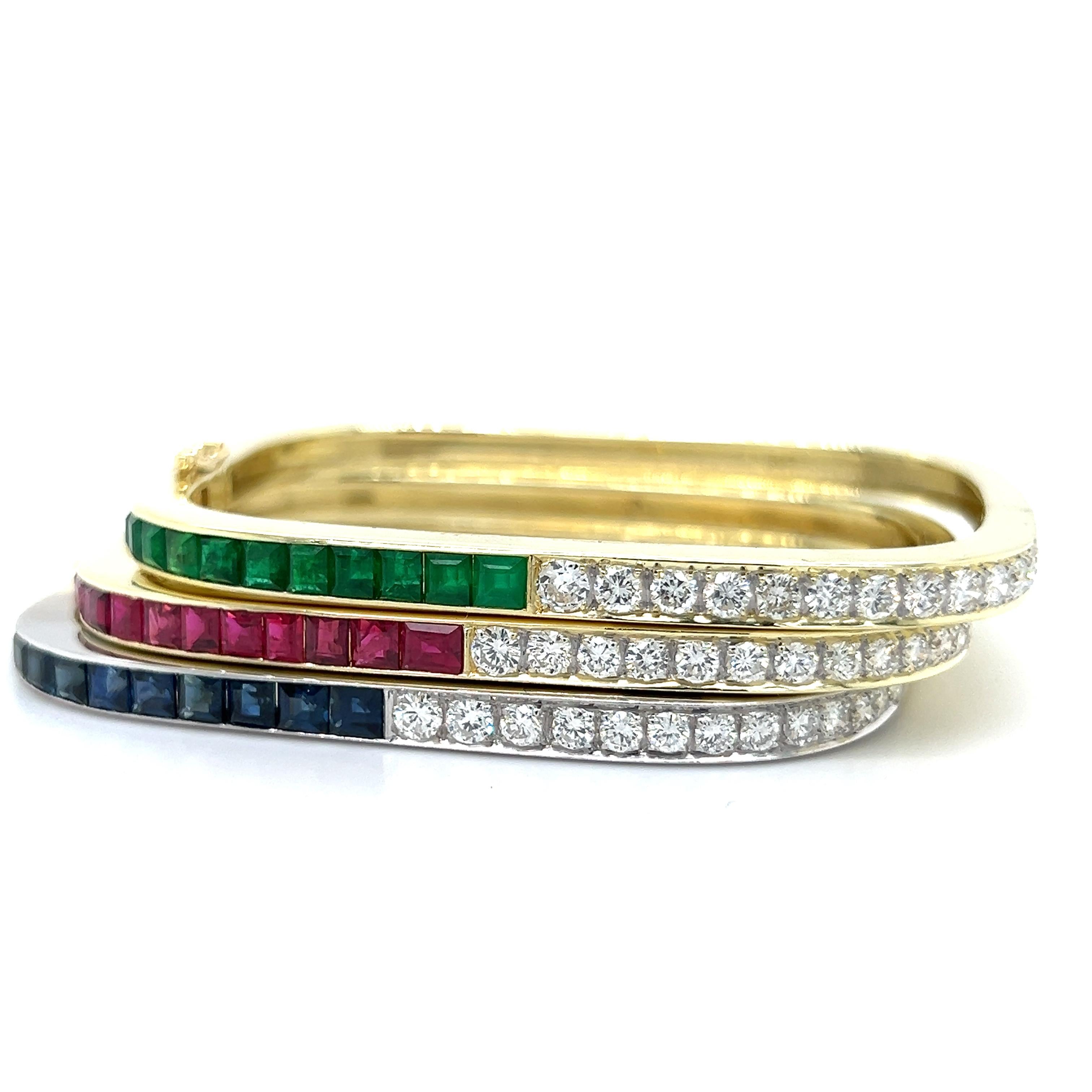 Retro Square Bangle Bracelets 18k Diamond Sapphire Ruby Emerald Yellow Gold 6