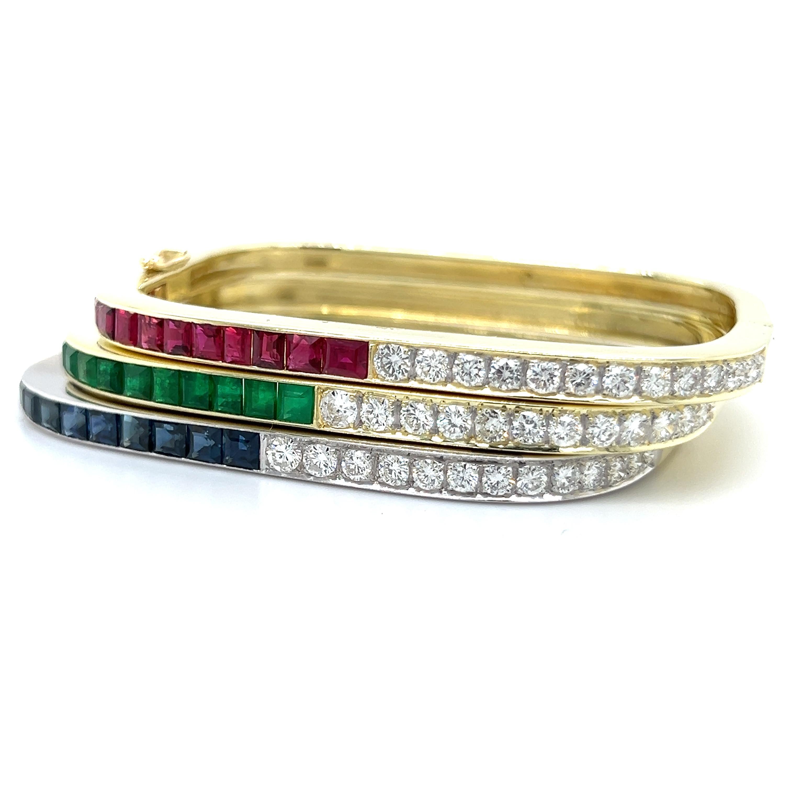 Retro Square Bangle Bracelets 18k Diamond Sapphire Ruby Emerald Yellow Gold 7