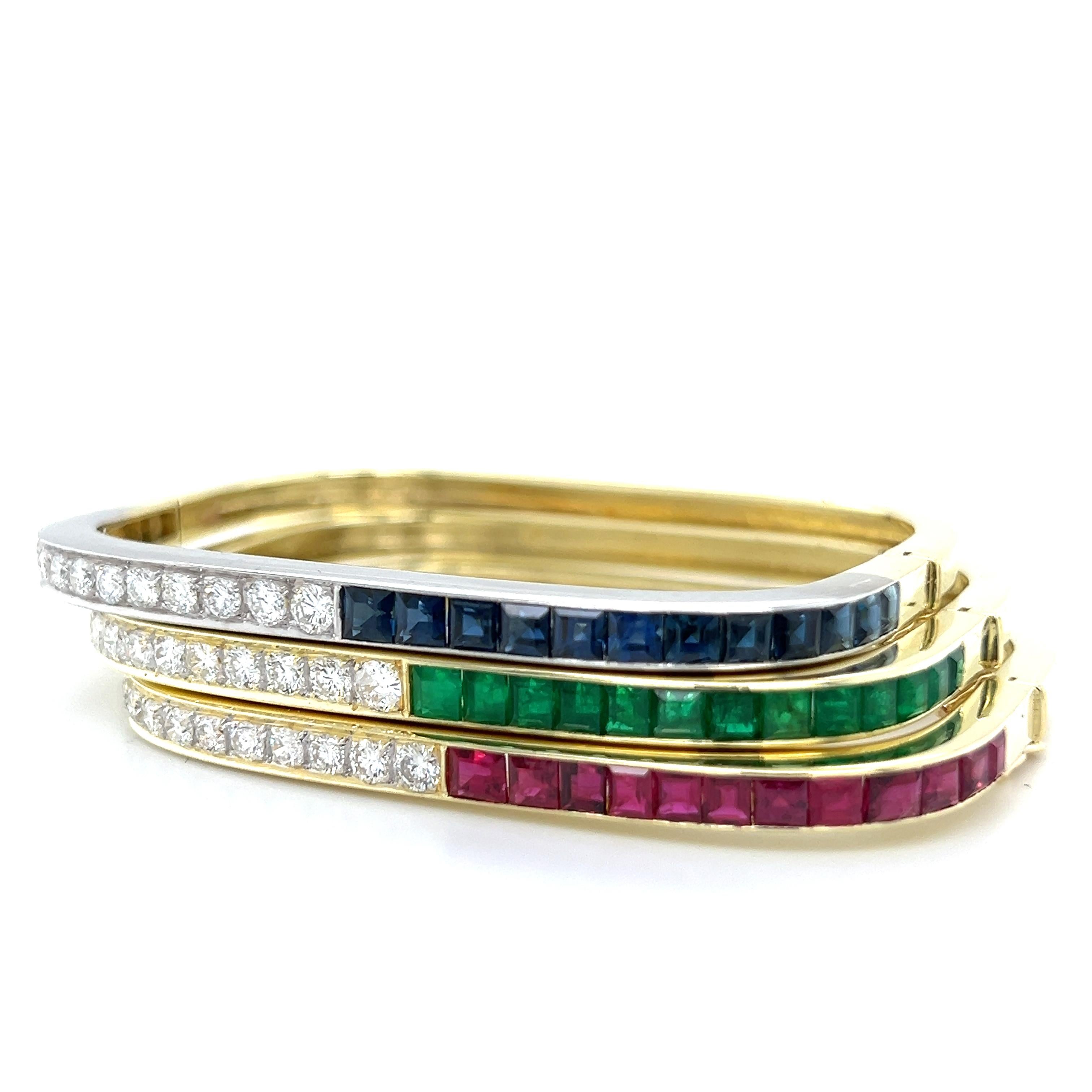 Retro Square Bangle Bracelets 18k Diamond Sapphire Ruby Emerald Yellow Gold 8