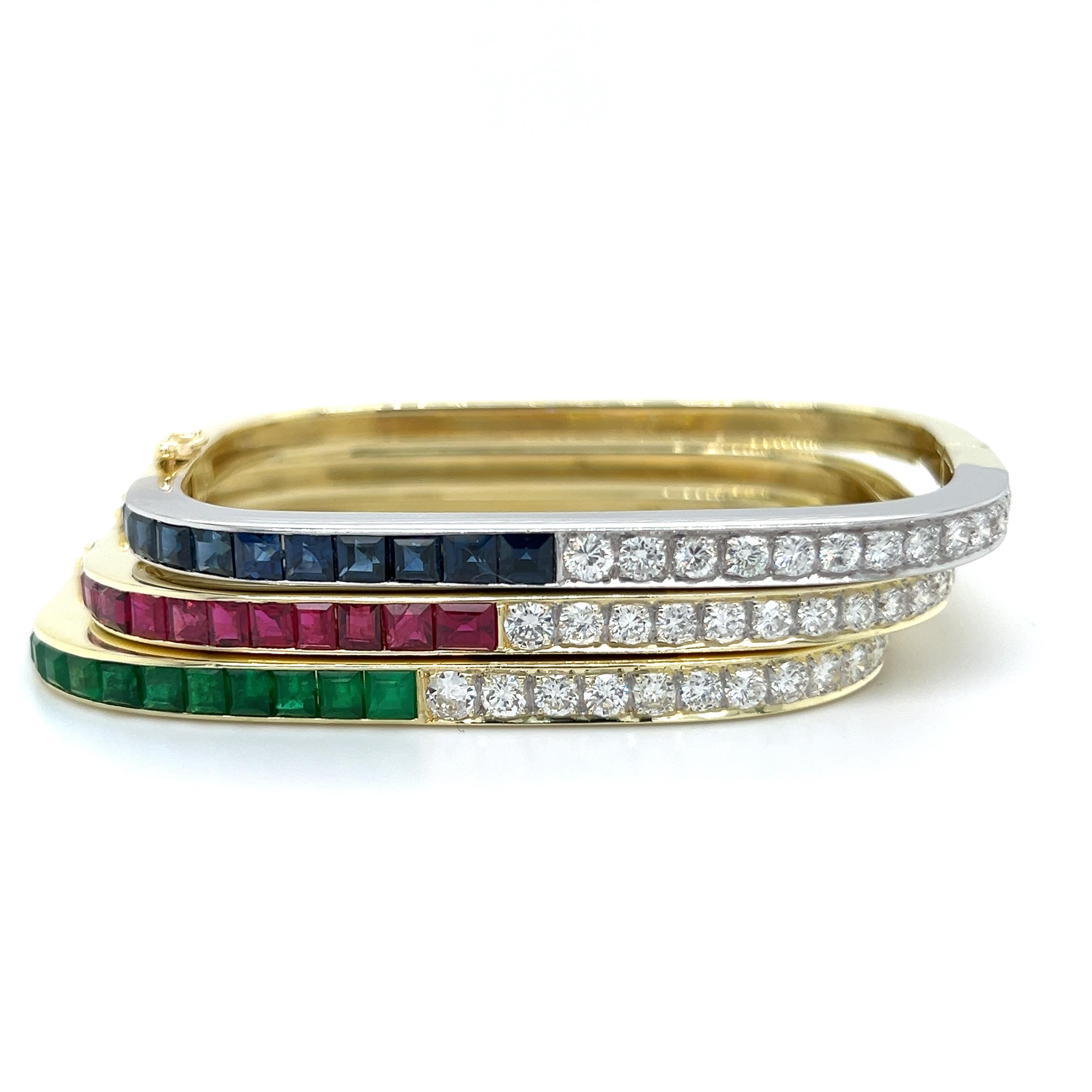 Retro Square Bangle Bracelets 18k Diamond Sapphire Ruby Emerald Yellow Gold In Good Condition In MIAMI, FL
