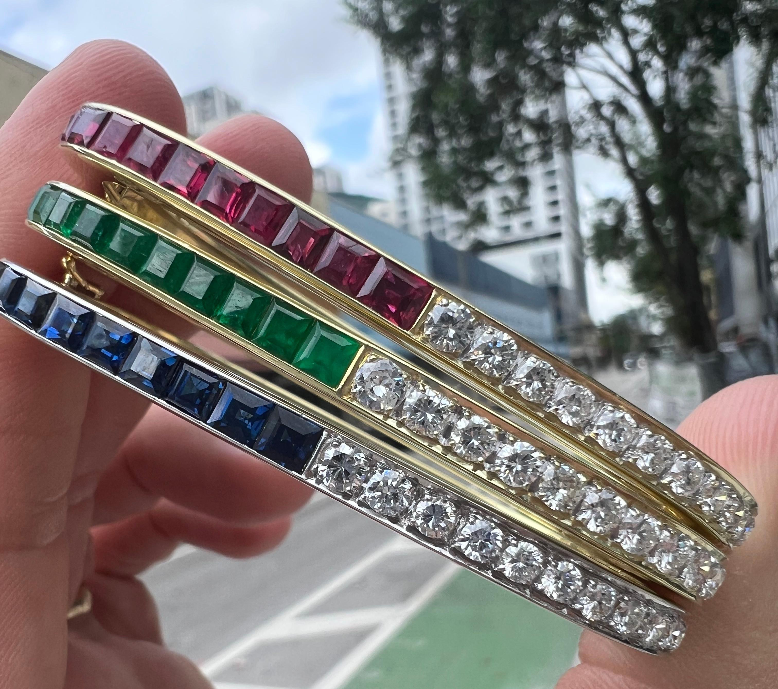 Women's Retro Square Bangle Bracelets 18k Diamond Sapphire Ruby Emerald Yellow Gold