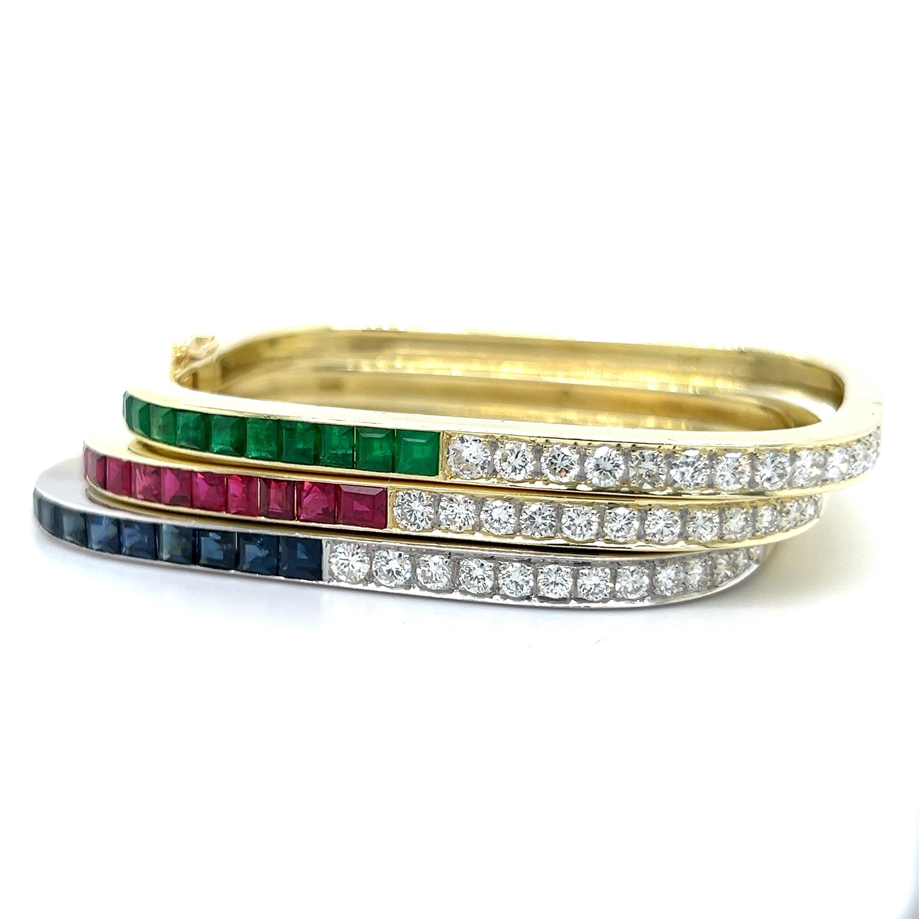 Retro Square Bangle Bracelets 18k Diamond Sapphire Ruby Emerald Yellow Gold 1