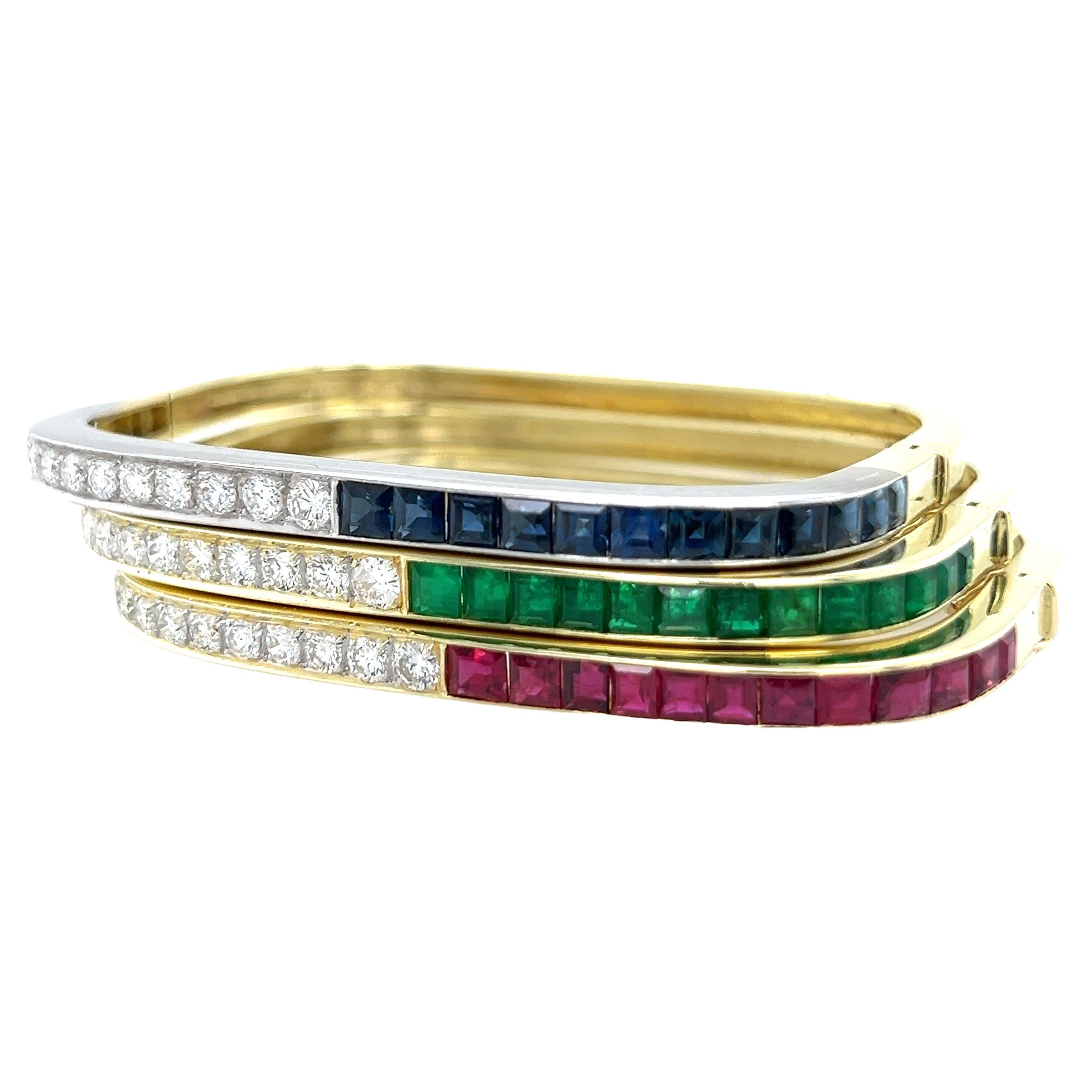 Mixed Cut Retro Square Bangle Bracelets 18k Diamond Sapphire Ruby Emerald Yellow Gold