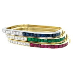 Vintage Square Bangle Bracelets 18k Diamond Sapphire Ruby Emerald Yellow Gold