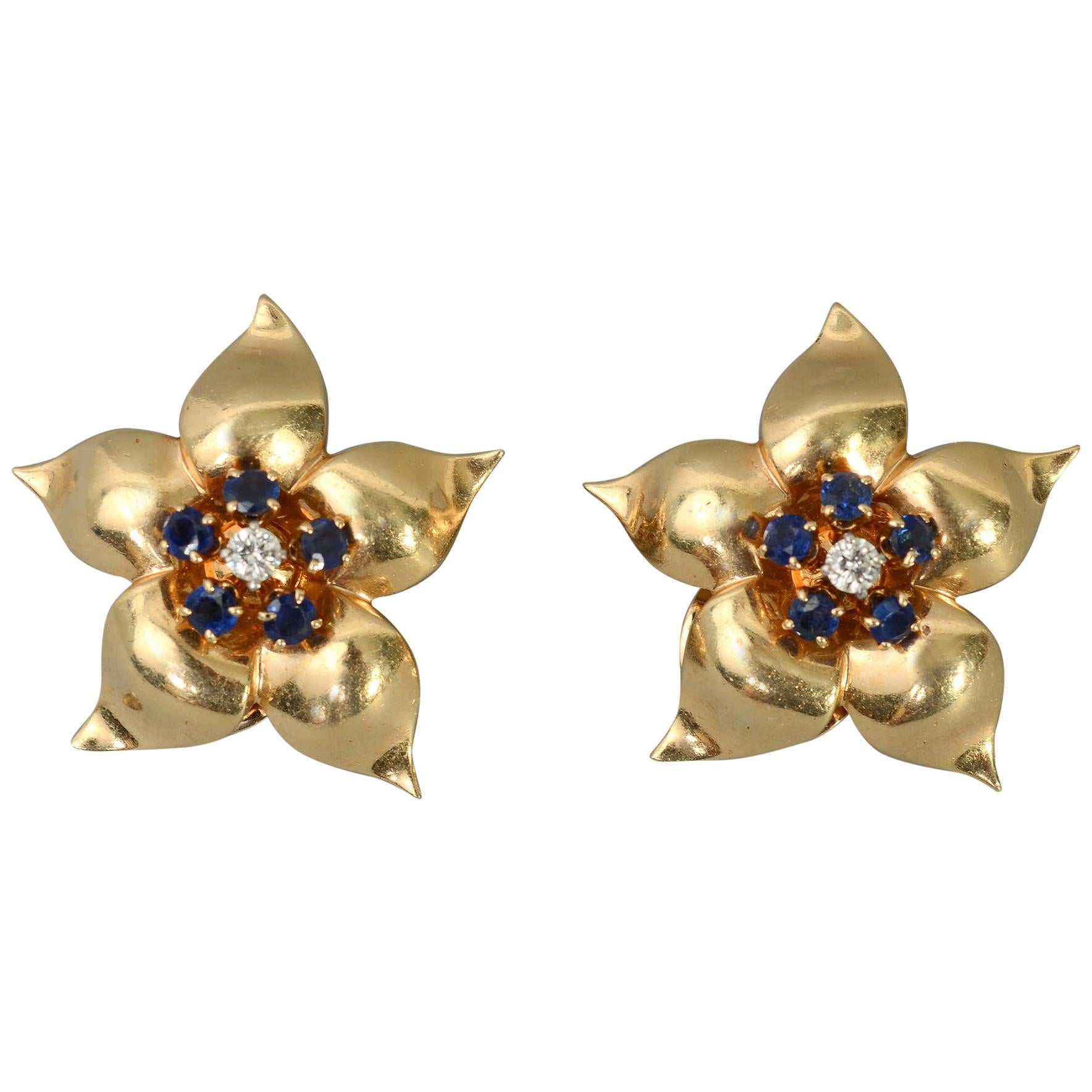 Retro Star Flower Sapphire and Diamond Earrings For Sale