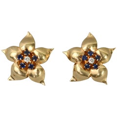 Retro Star Flower Sapphire and Diamond Earrings