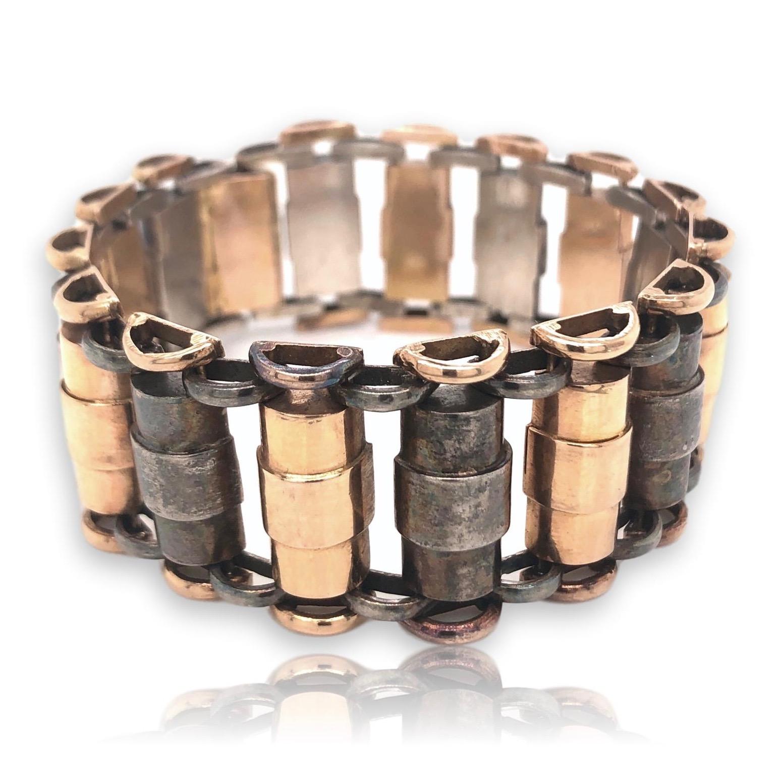 Retro Sterling and Gold Tank Bracelet, 1940s 1