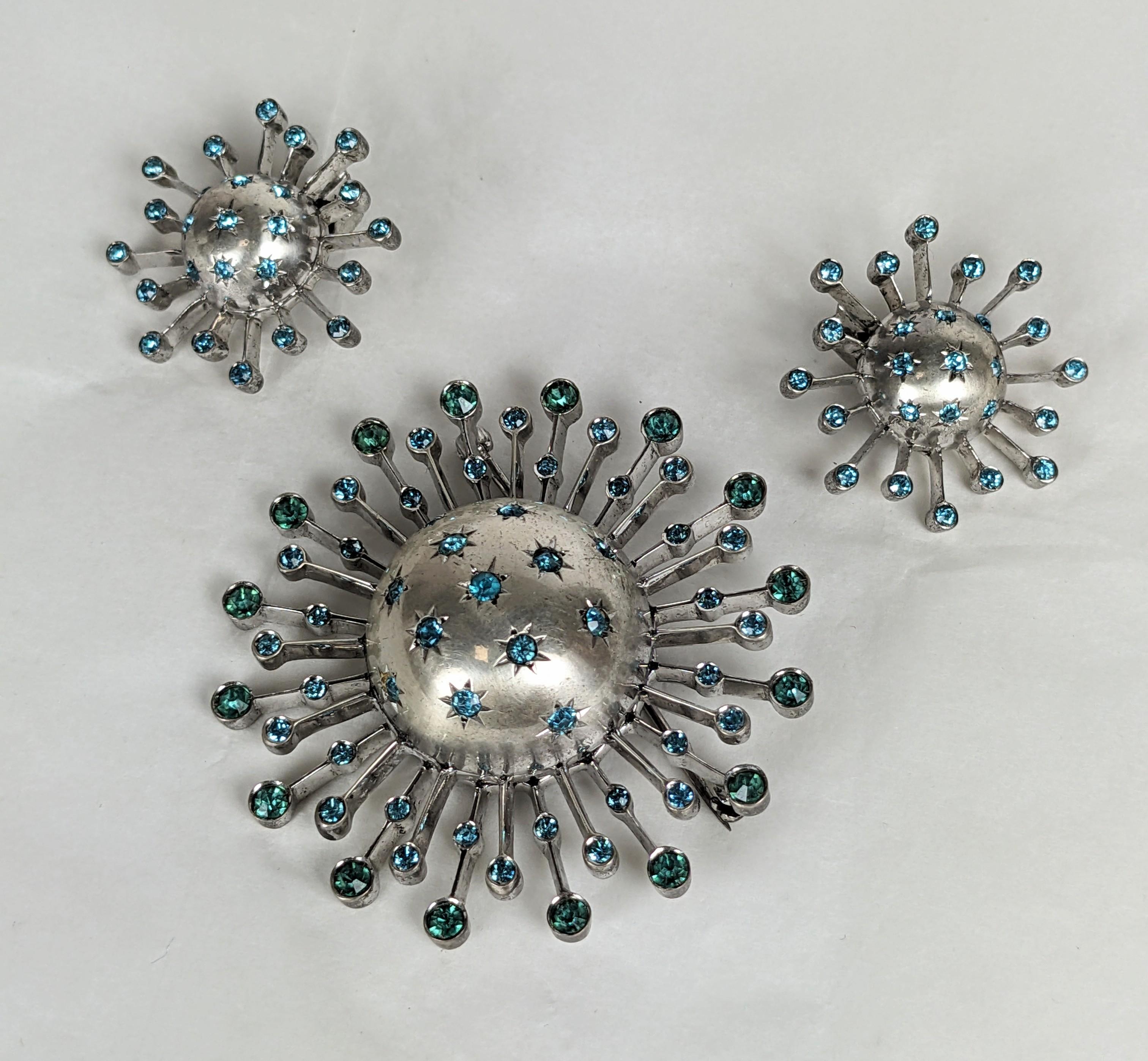 Retro Sterling Aqua Paste Starburst Set In Good Condition For Sale In New York, NY