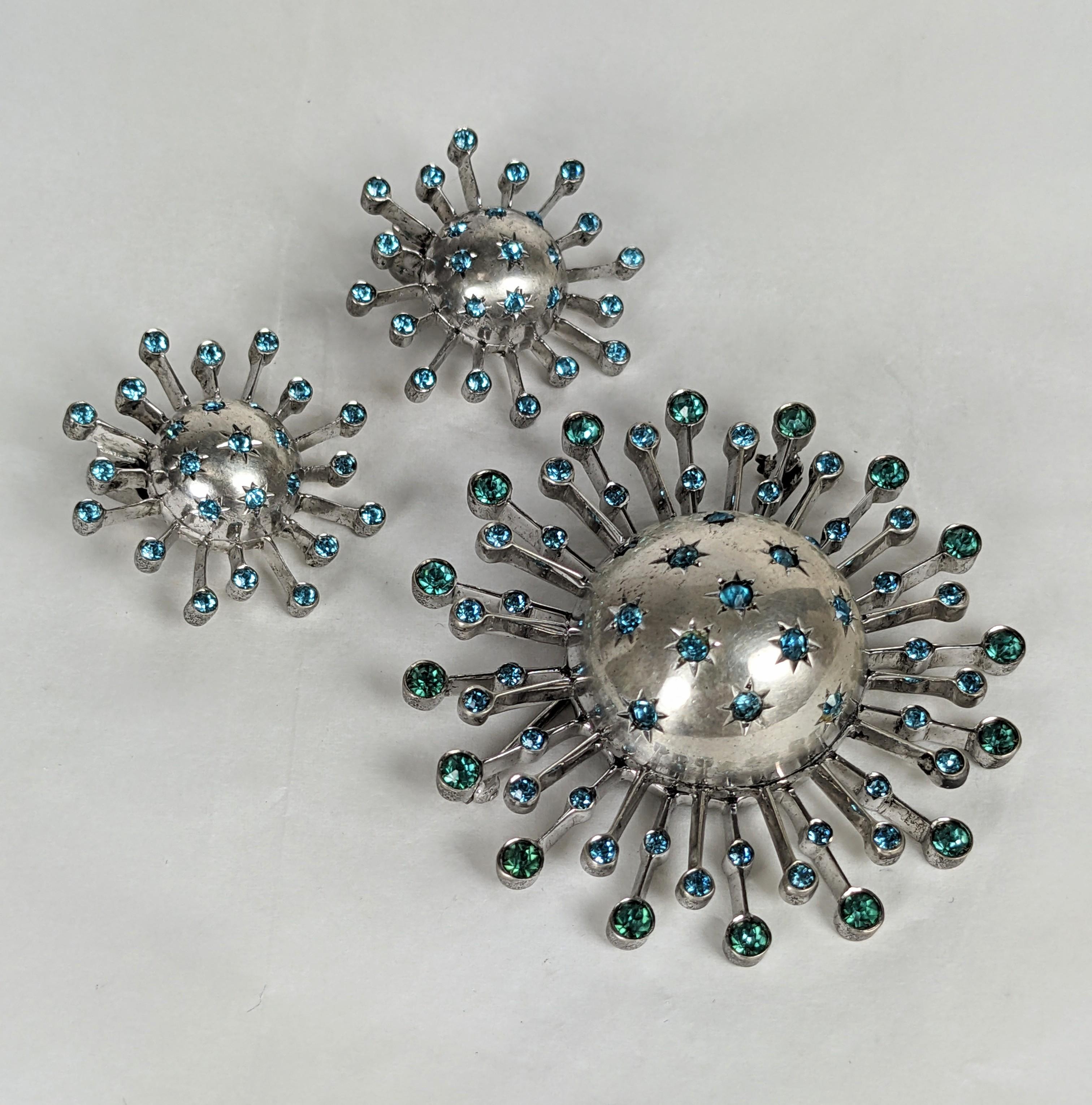 Women's or Men's Retro Sterling Aqua Paste Starburst Set For Sale