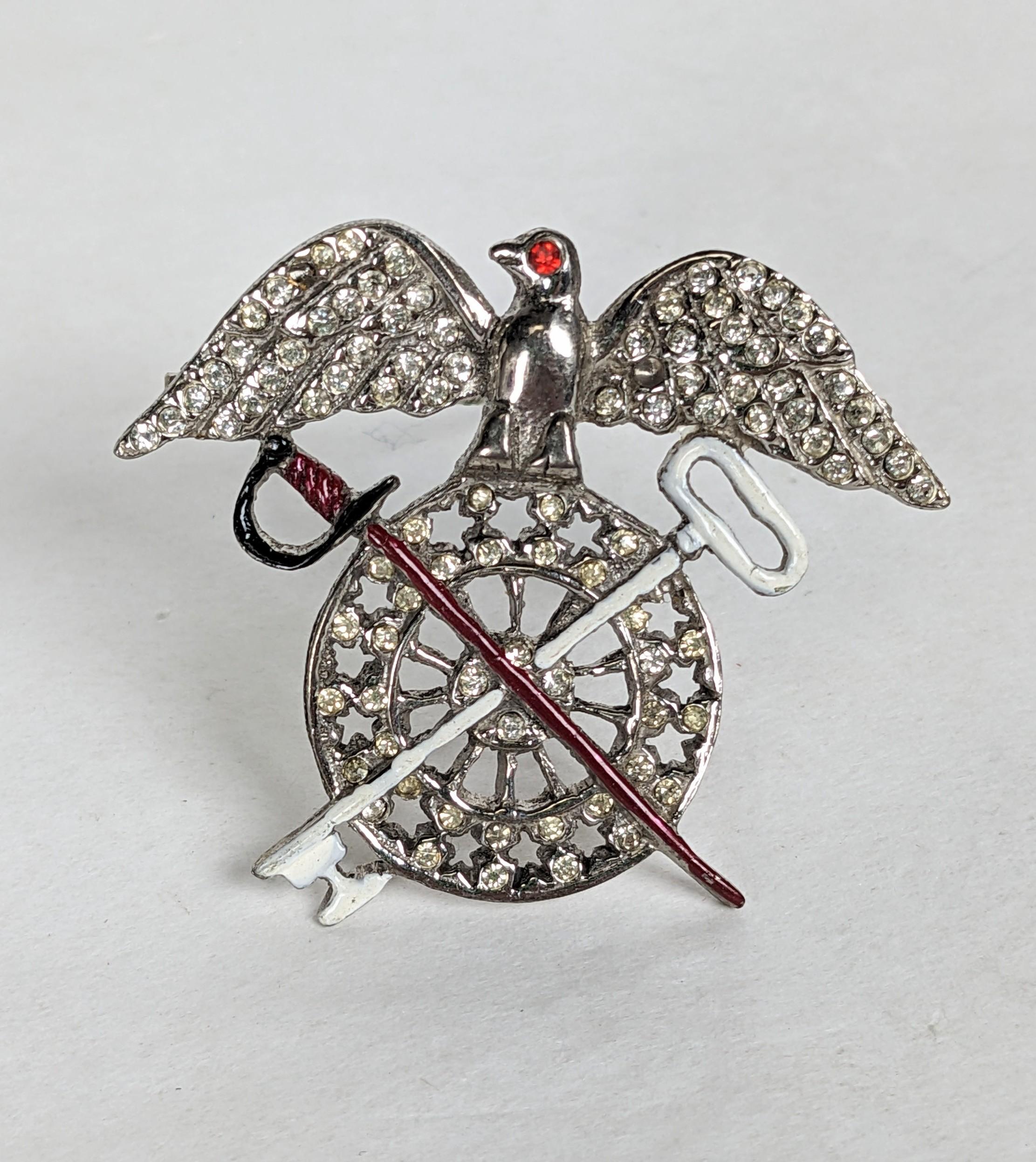 Charming Heraldic Sterling Crest Brooch from the 1940's with cold enamel accents and pave crystals. 1.5